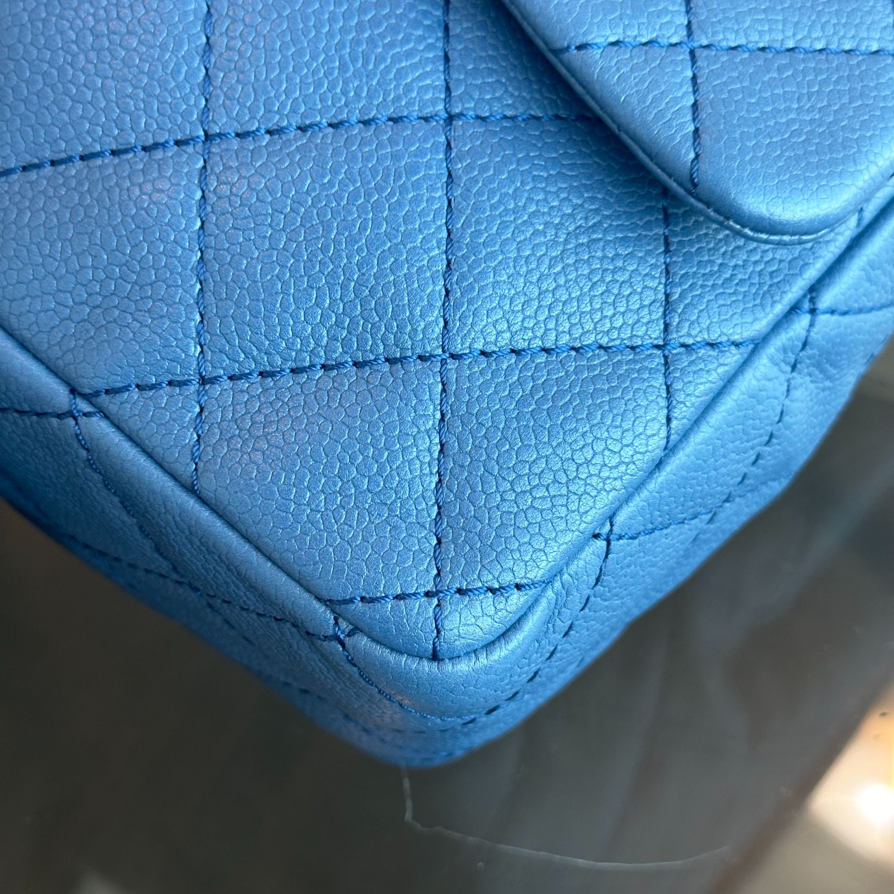 Chanel Caviar Jumbo Classic Flap 30CM Quilted Calfskin Blue SHW No 12 - Luxury Evermore