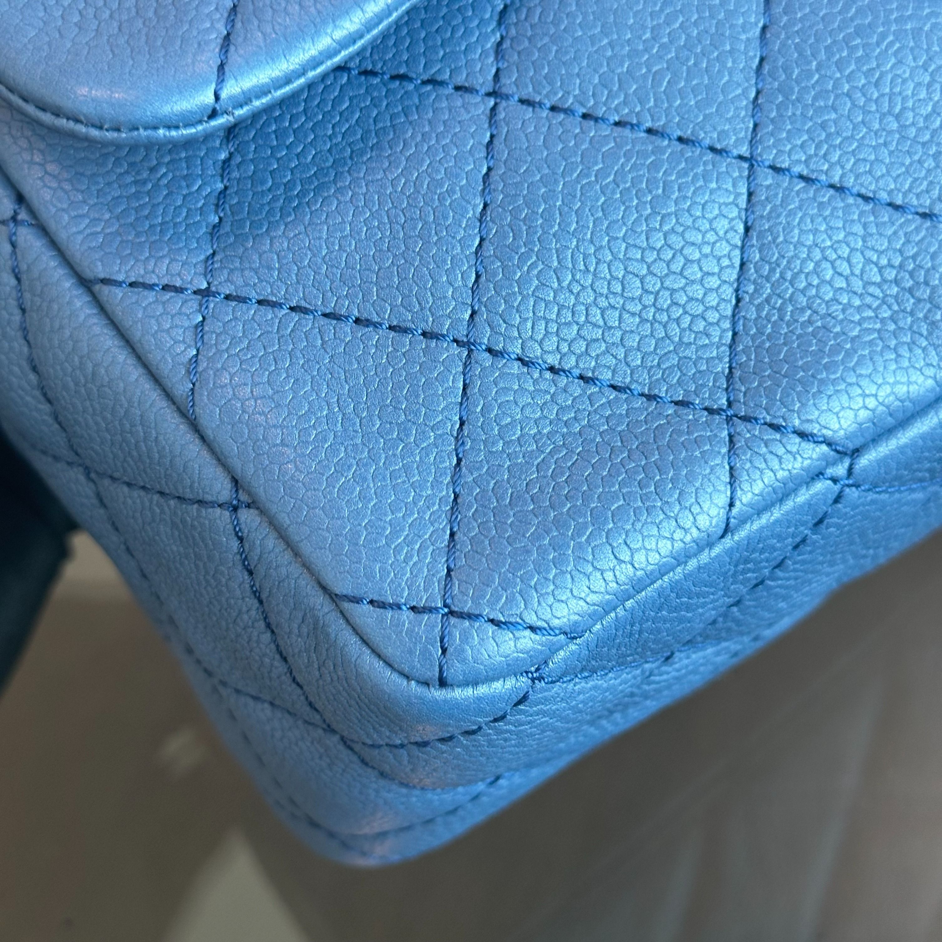 Chanel Caviar Jumbo Classic Flap 30CM Quilted Calfskin Blue SHW No 12 - Luxury Evermore
