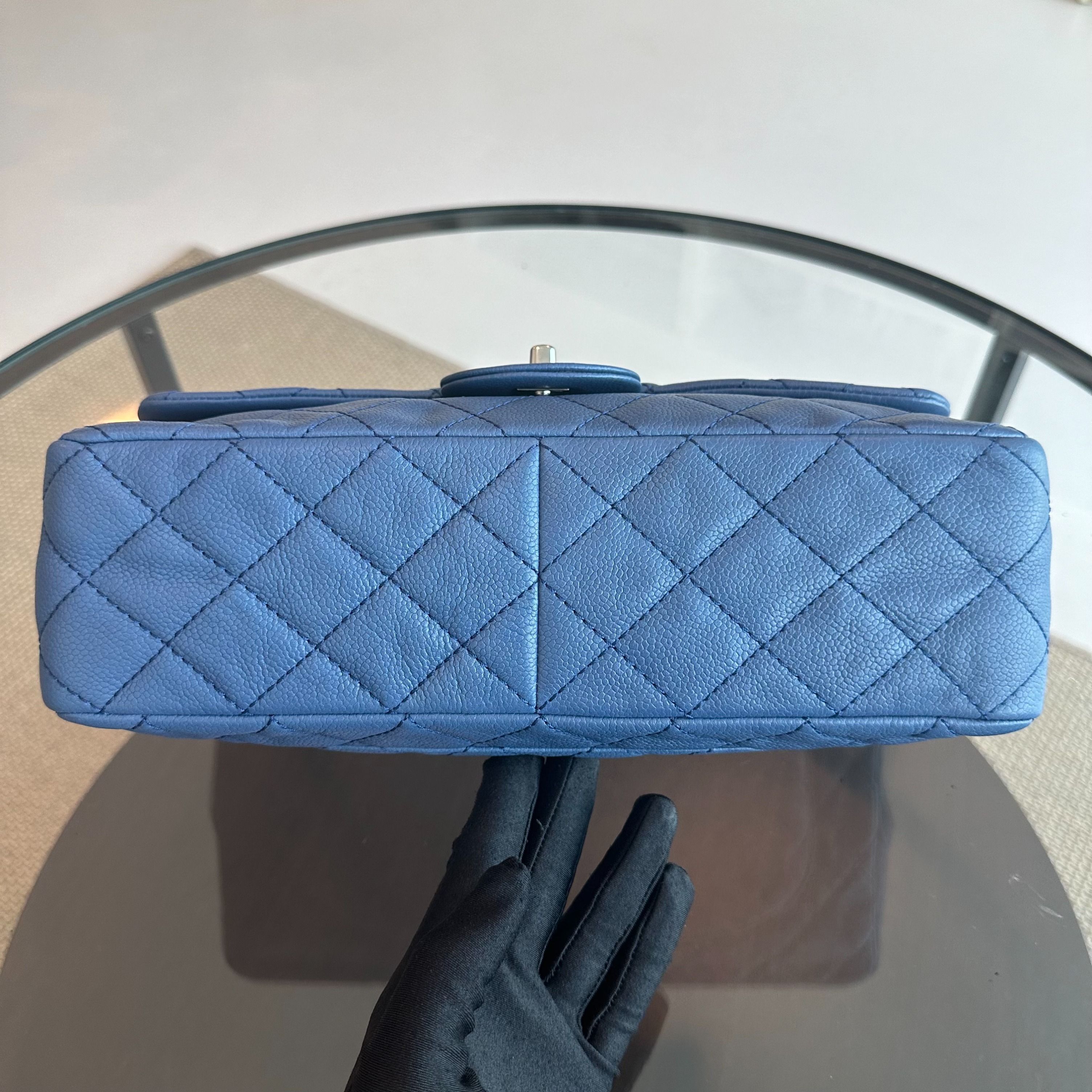 Chanel Caviar Jumbo Classic Flap 30CM Quilted Calfskin Blue SHW No 12 - Luxury Evermore