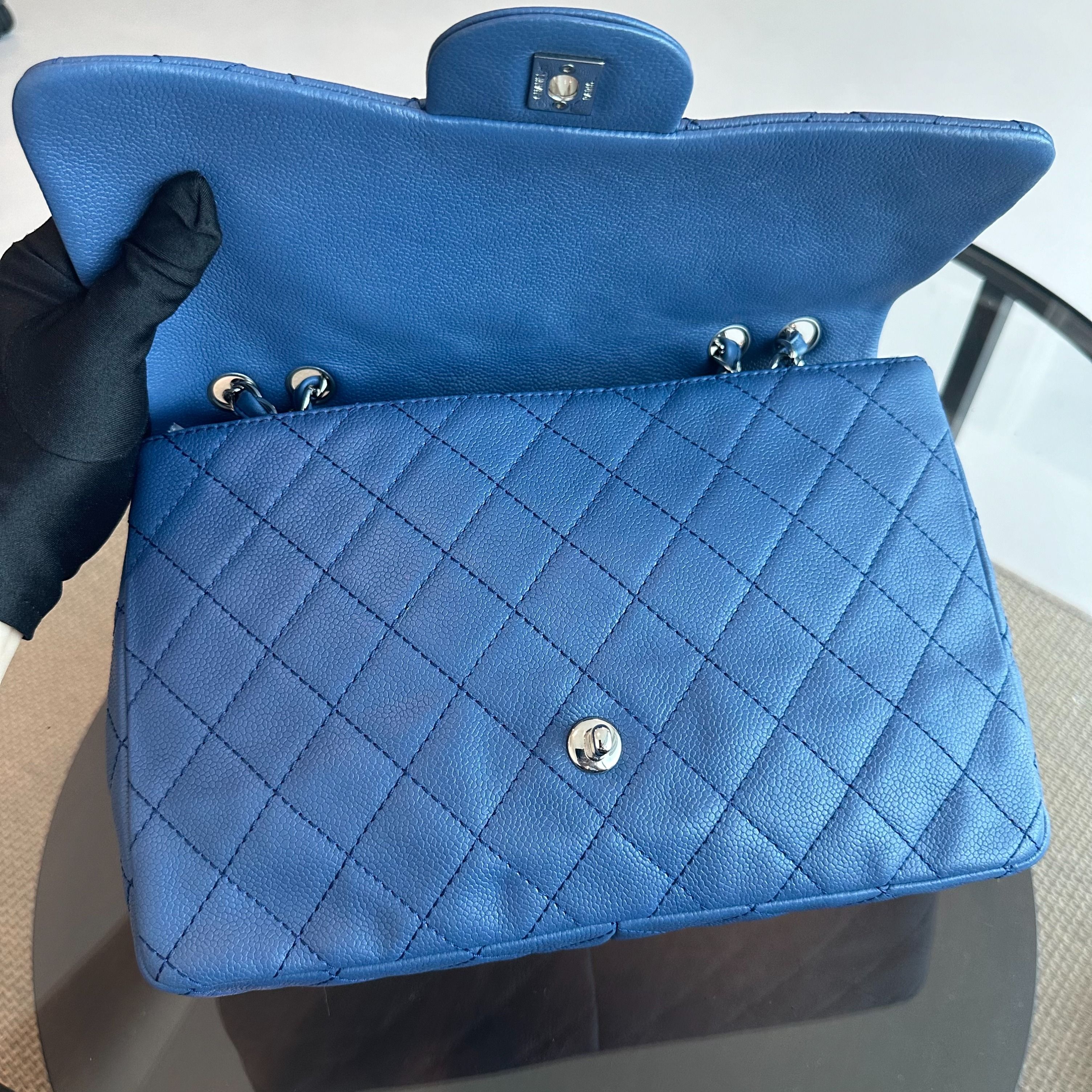 Chanel Caviar Jumbo Classic Flap 30CM Quilted Calfskin Blue SHW No 12 - Luxury Evermore