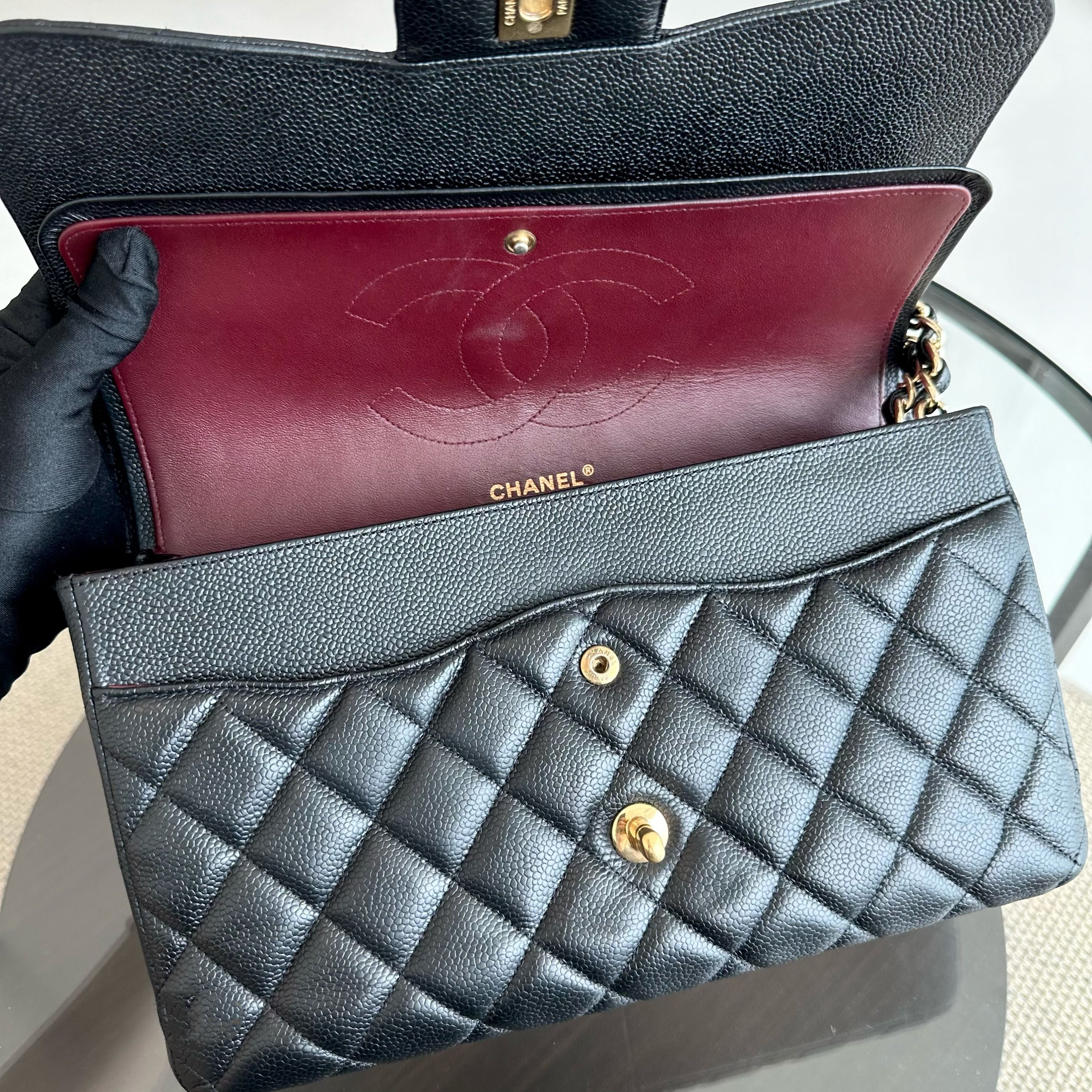 Chanel Caviar Jumbo Classic Flap Double Flap Quilted Calfskin Black GHW No 18 - Luxury Evermore