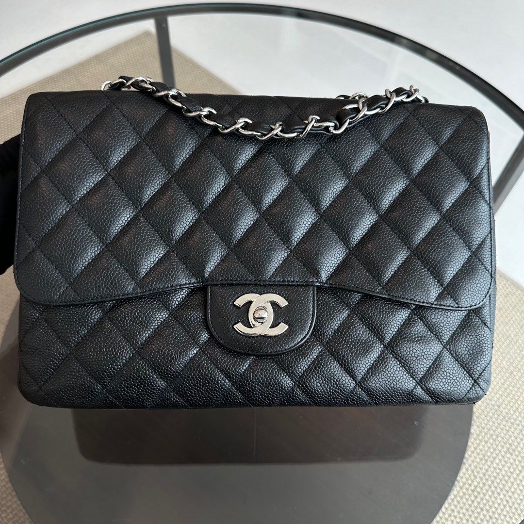 Chanel Caviar Jumbo Classic Flap Quilted Grained Calfskin Black SHW No 12 - Luxury Evermore