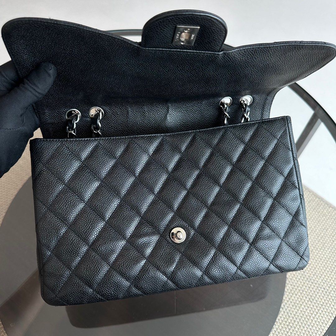 Chanel Caviar Jumbo Classic Flap Quilted Grained Calfskin Black SHW No 12 - Luxury Evermore