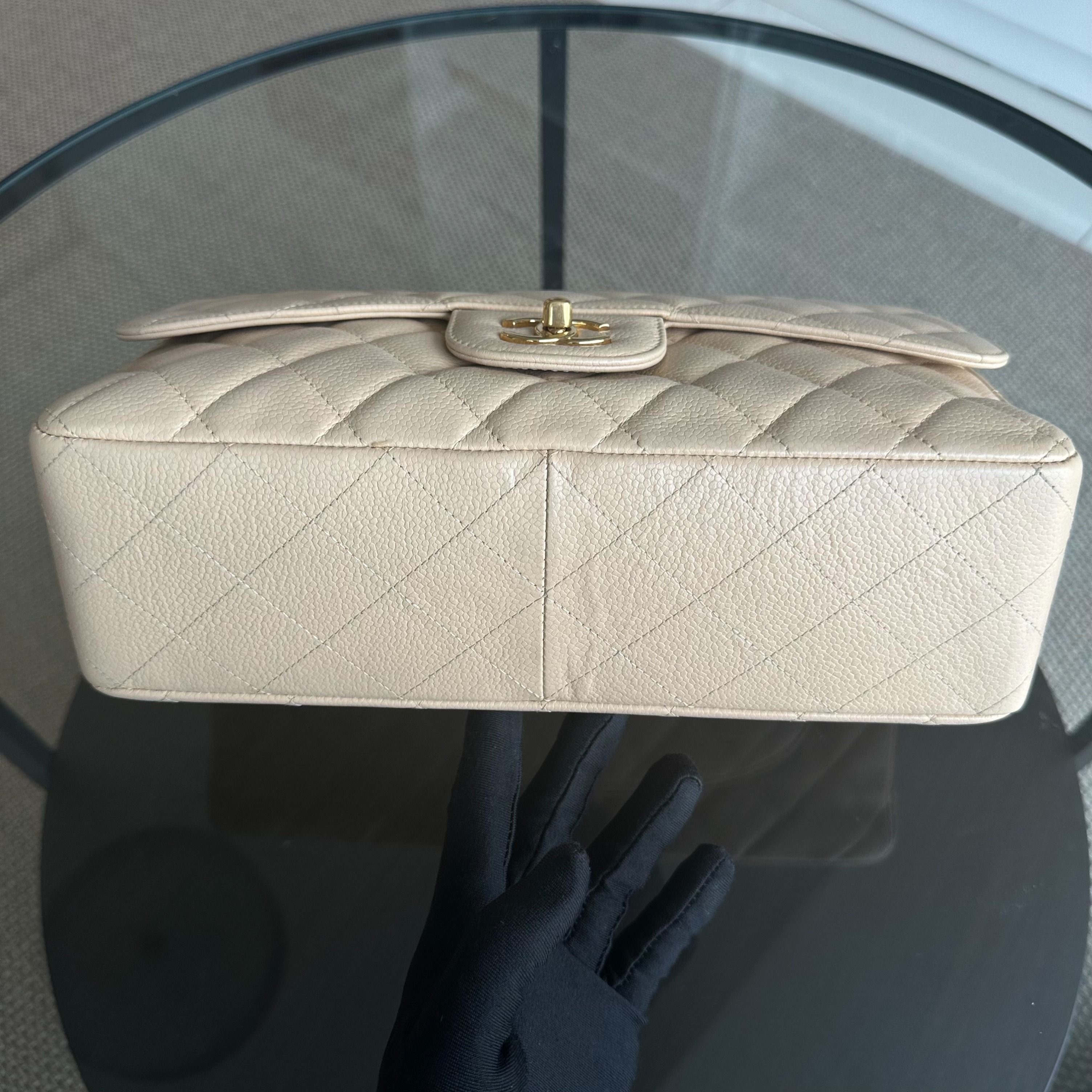 Chanel Caviar Jumbo Classic Flap Single Flap Beige Quilted Calfskin GHW No 13 - Luxury Evermore
