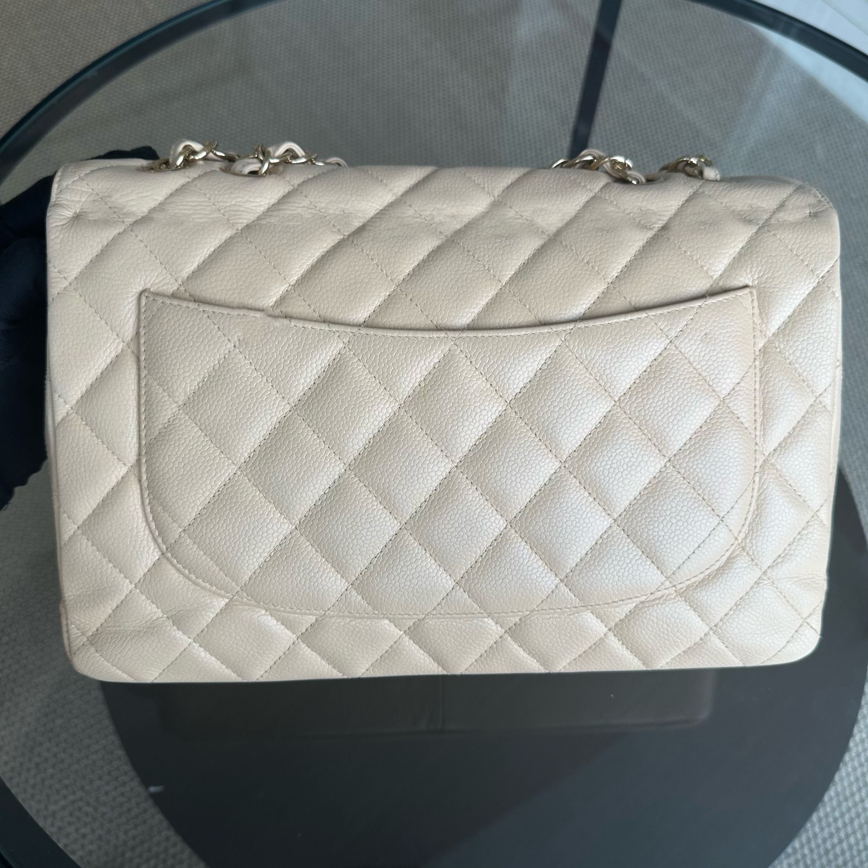 Chanel Caviar Jumbo Classic Flap Single Flap Beige Quilted Calfskin GHW No 13 - Luxury Evermore