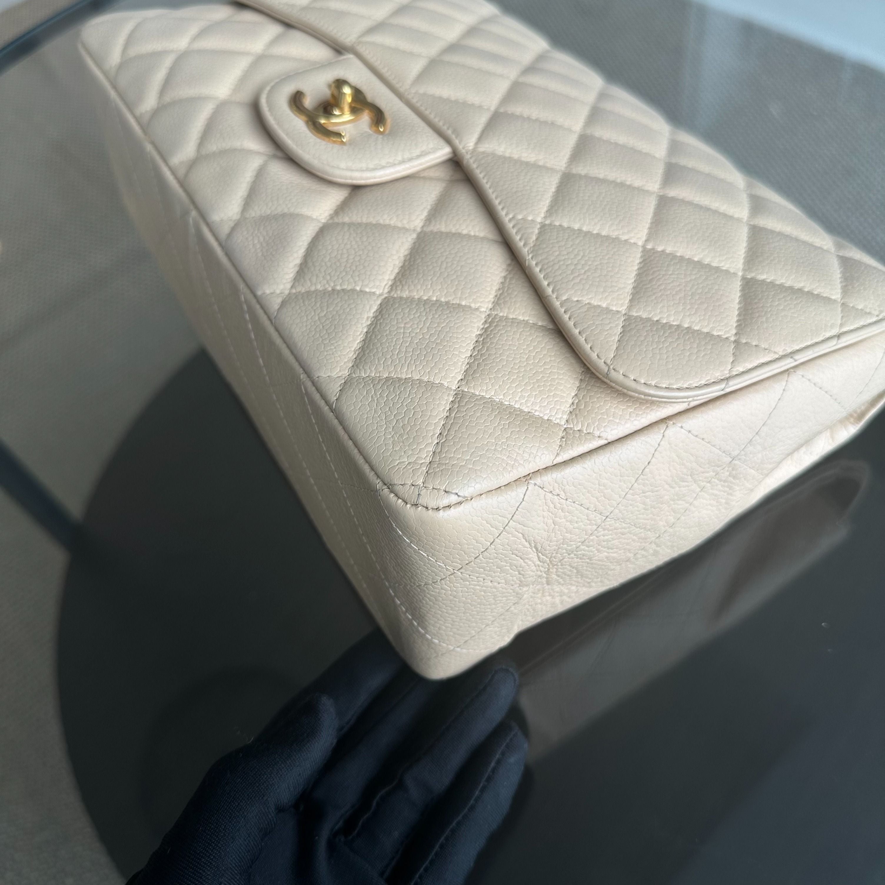 Chanel Caviar Jumbo Classic Flap Single Flap Beige Quilted Calfskin GHW No 13 - Luxury Evermore