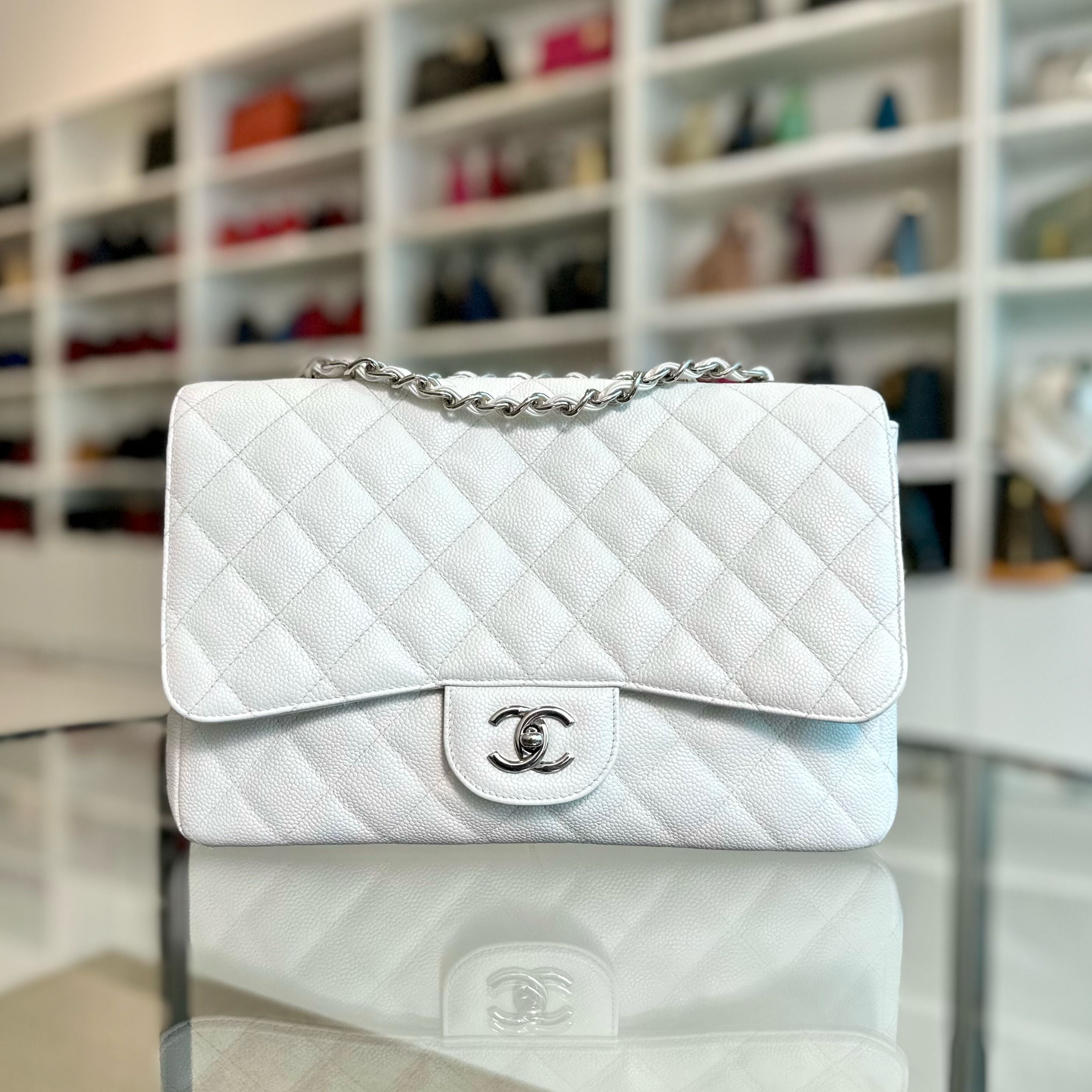 Chanel Caviar Jumbo Classic Flap Single Flap White SHW No 13 - Luxury Evermore