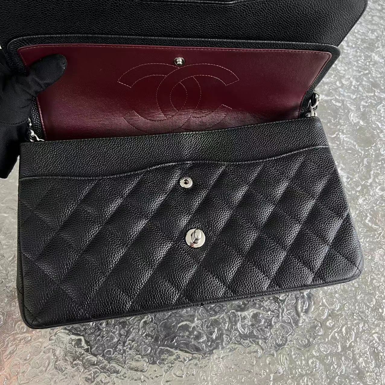 Chanel Caviar Jumbo Double Flap Classic Flap Quilted Calfskin Black Silver Hardware Series 19 - Luxury Evermore
