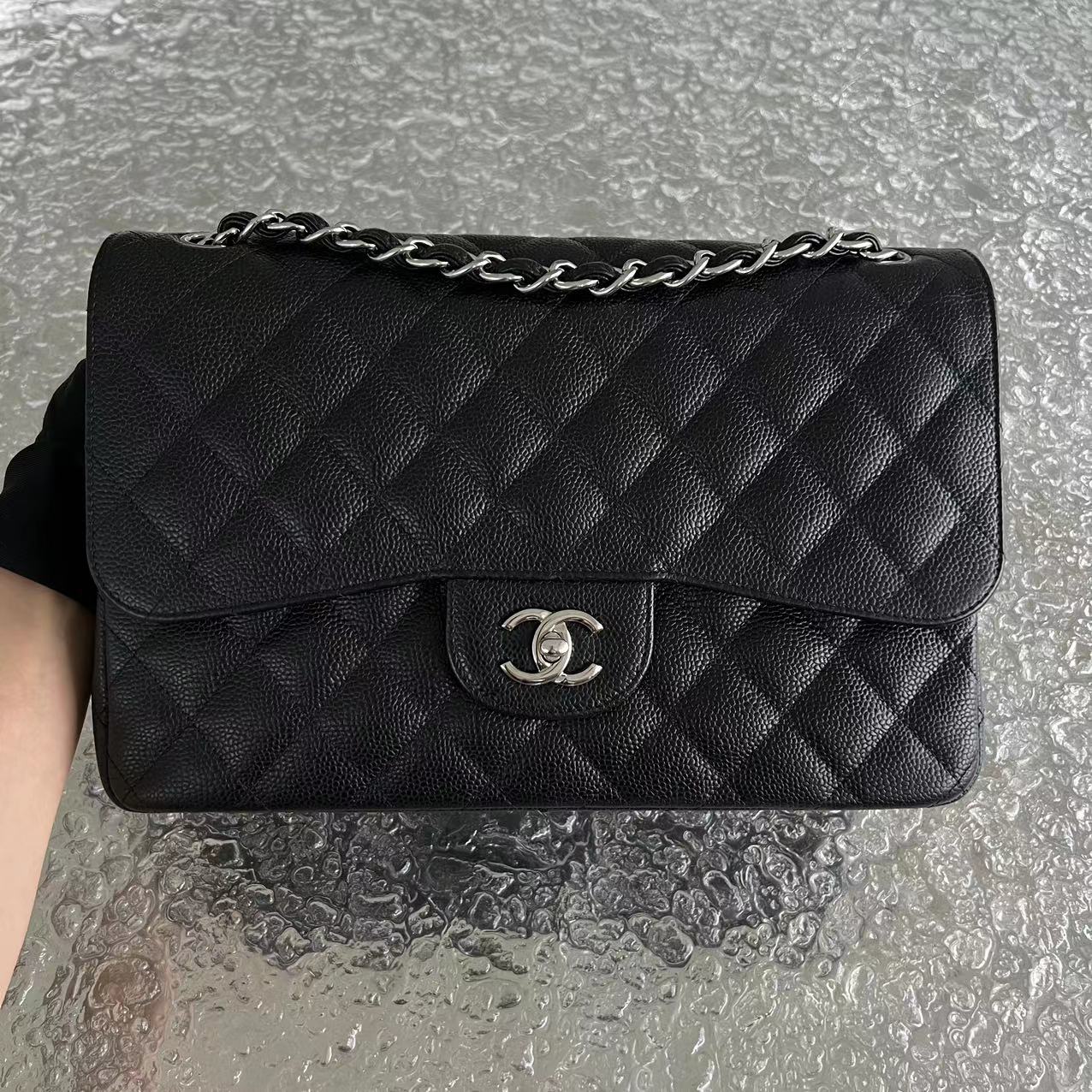 Chanel Caviar Jumbo Double Flap Classic Flap Quilted Calfskin Black Silver Hardware Series 19 - Luxury Evermore