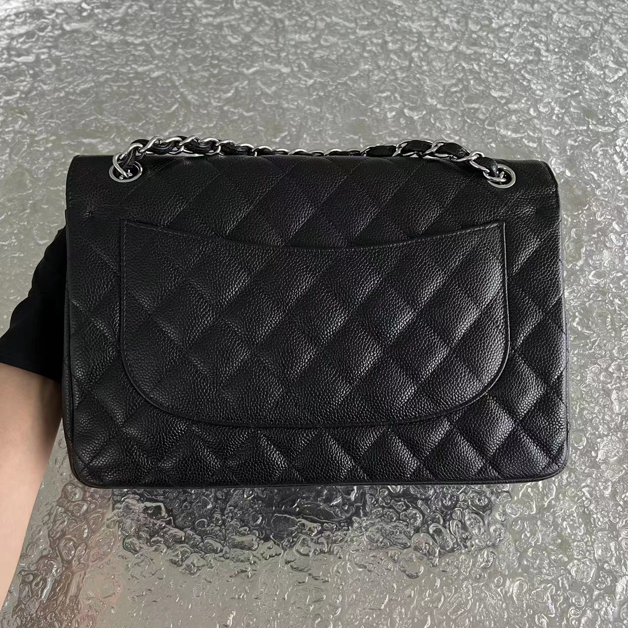 Chanel Caviar Jumbo Double Flap Classic Flap Quilted Calfskin Black Silver Hardware Series 19 - Luxury Evermore