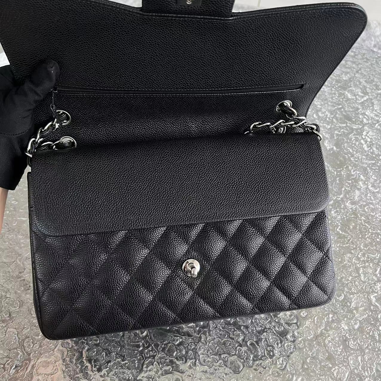 Chanel Caviar Jumbo Double Flap Classic Flap Quilted Calfskin Black Silver Hardware Series 19 - Luxury Evermore