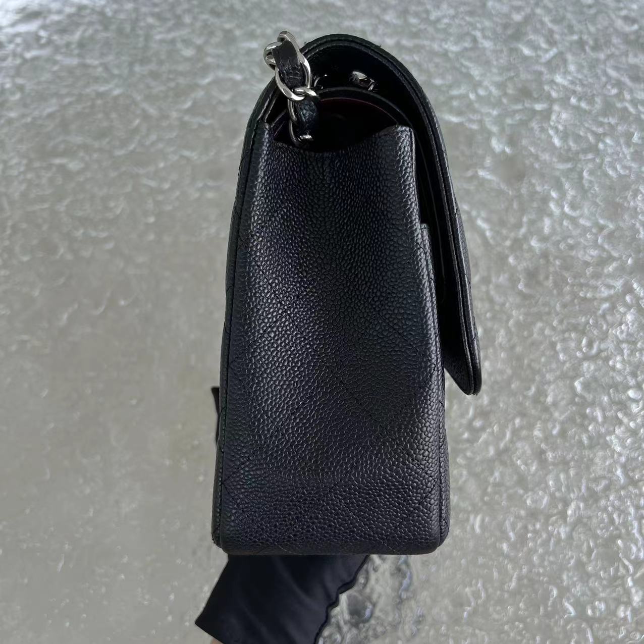 Chanel Caviar Jumbo Double Flap Classic Flap Quilted Grained Calfskin Black Silver Hardware Series 15 - Luxury Evermore