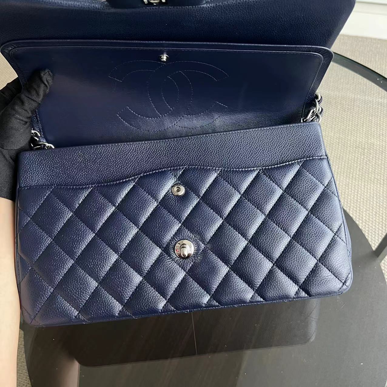 Chanel Caviar Jumbo Double Flap Classic Flap Quilted Grained Calfskin Dark Blue Silver Hardware Series 19 - Luxury Evermore