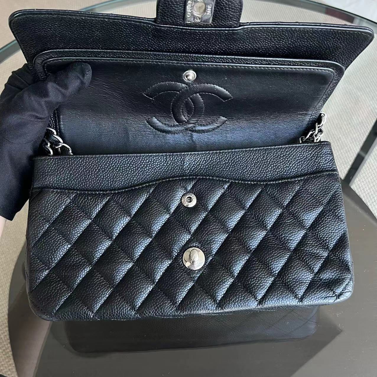 Chanel Caviar Medium Classic Flap Double Flap Quilted Calfskin Black SHW No 14 - Luxury Evermore
