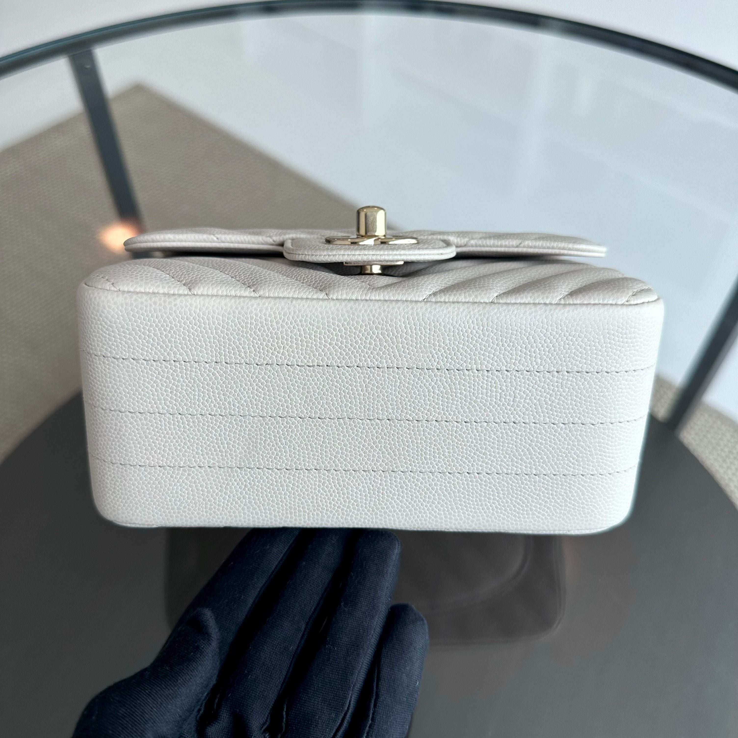 Chanel Caviar Mini Square Classic Flap Chevron White GHW No 26 - Luxury Evermore