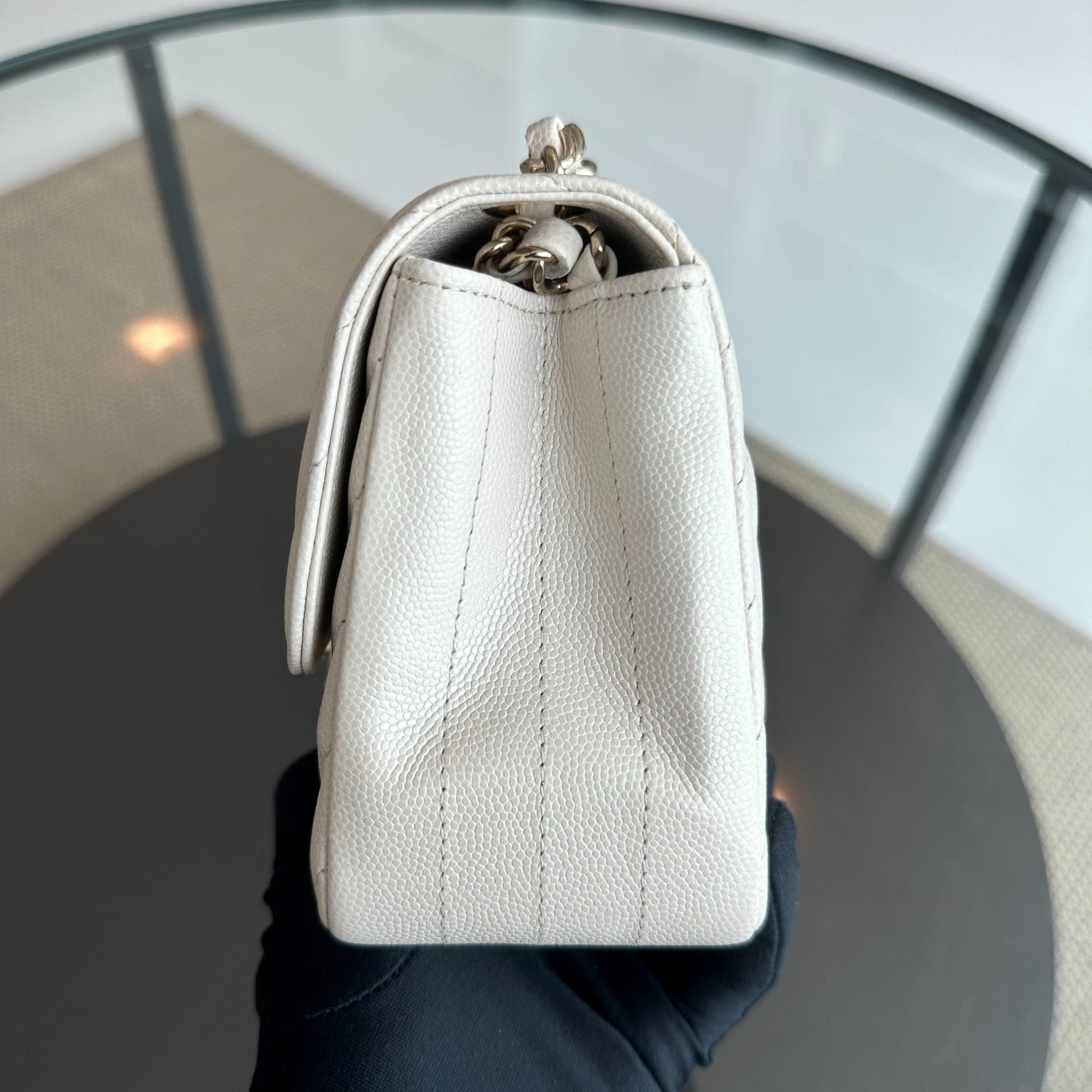 Chanel Caviar Mini Square Classic Flap Chevron White GHW No 26 - Luxury Evermore