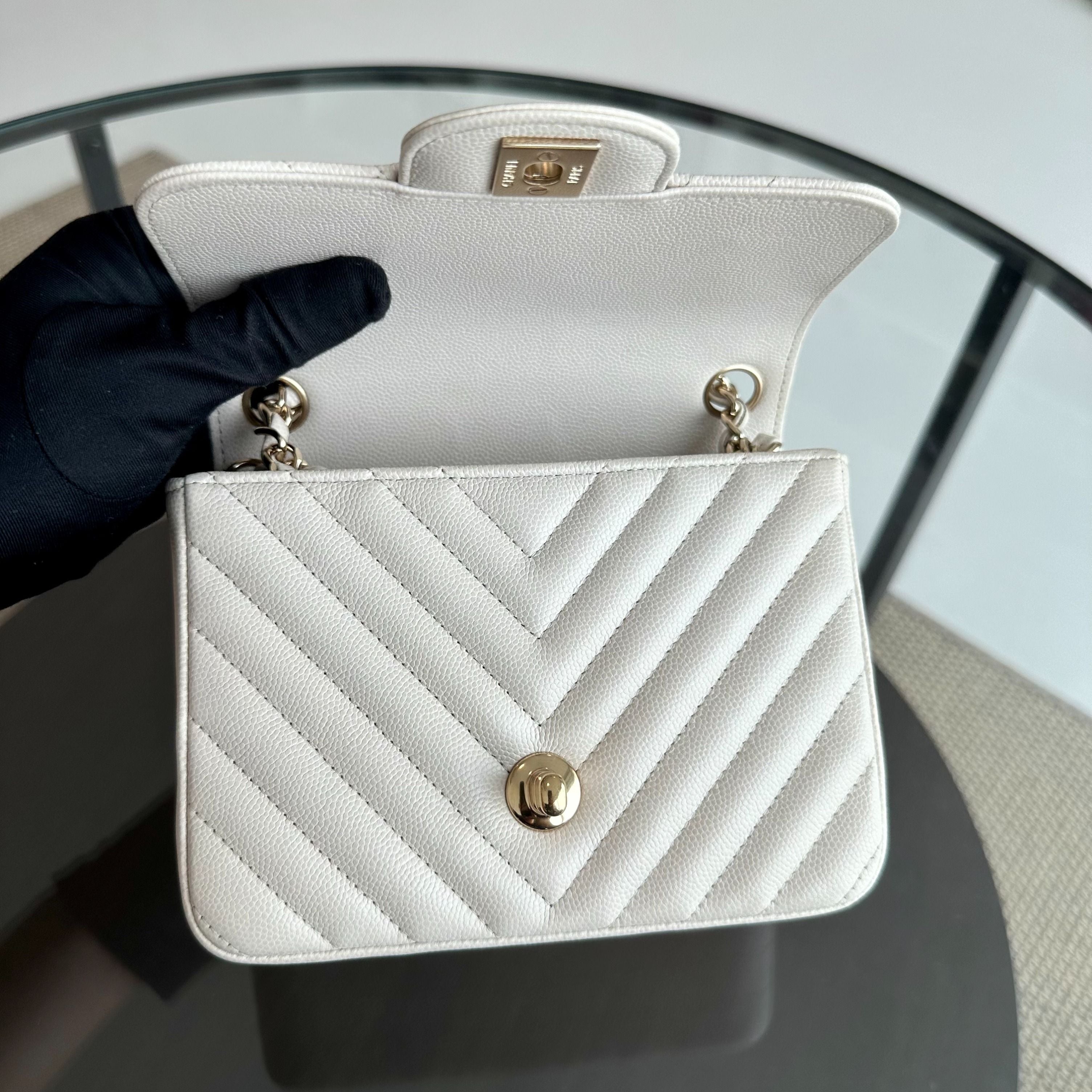 Chanel Caviar Mini Square Classic Flap Chevron White GHW No 26 - Luxury Evermore