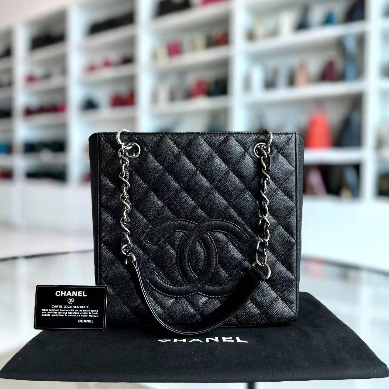 Chanel Caviar PST Petite Shopping Tote Quilted Calfskin Black Silver Hardware Series 12 - Luxury Evermore