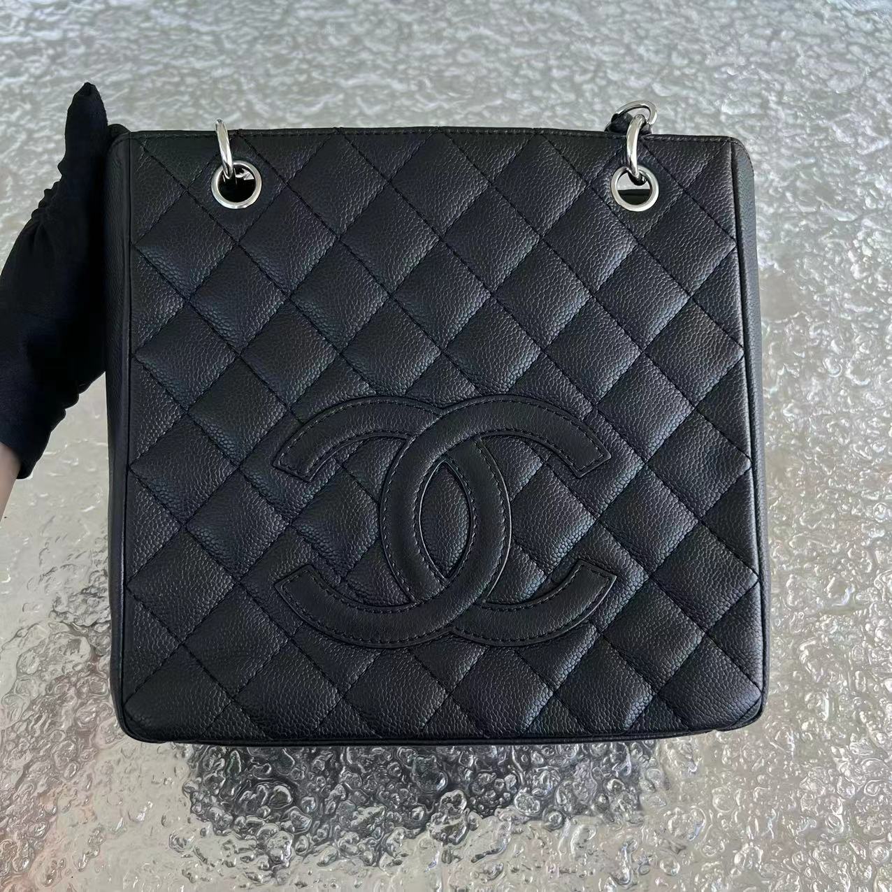 Chanel Caviar PST Petite Shopping Tote Quilted Calfskin Black Silver Hardware Series 12 - Luxury Evermore