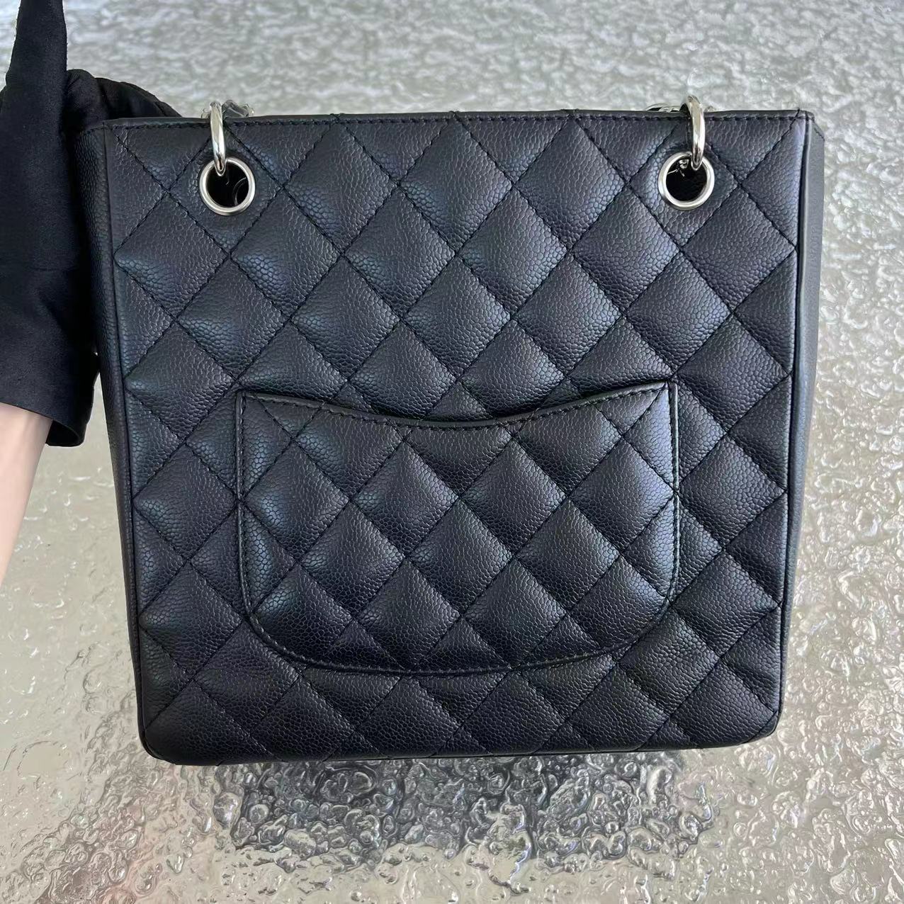 Chanel Caviar PST Petite Shopping Tote Quilted Calfskin Black Silver Hardware Series 12 - Luxury Evermore