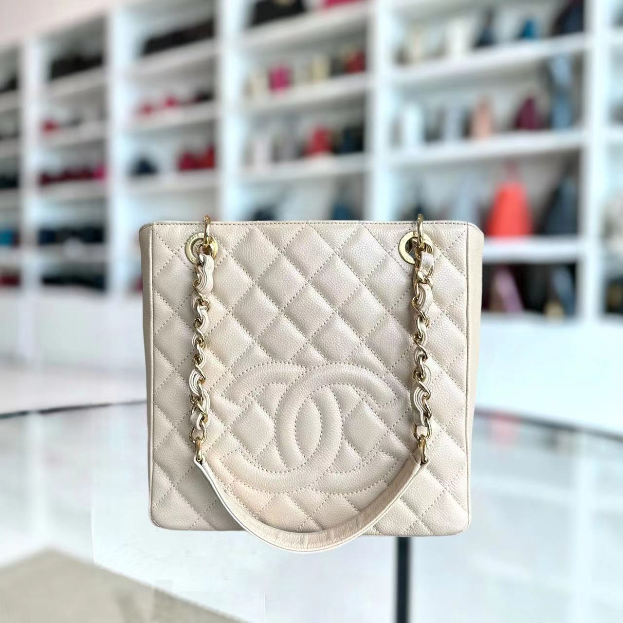 Chanel Caviar PST Petite Shopping Tote Quilted Grained Calfskin Beige Golden Hardware Series 14 - Luxury Evermore