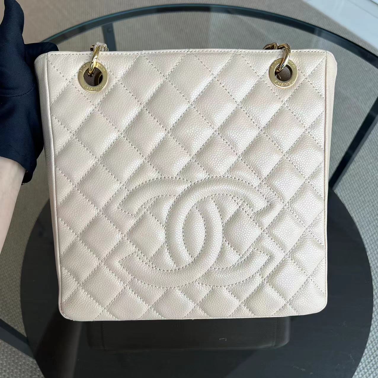 Chanel Caviar PST Petite Shopping Tote Quilted Grained Calfskin Beige Golden Hardware Series 14 - Luxury Evermore