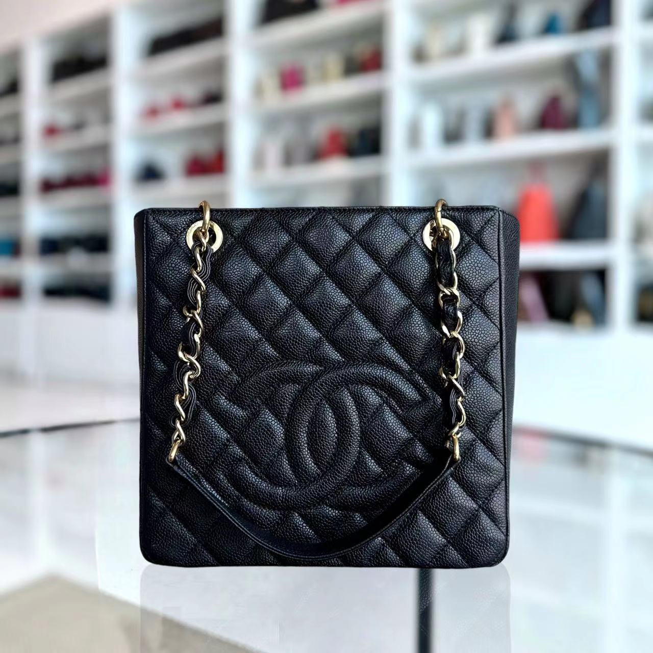 Chanel Caviar PST Petite Shopping Tote Quilted Grained Calfskin Black Golden Hardware Series 14 - Luxury Evermore