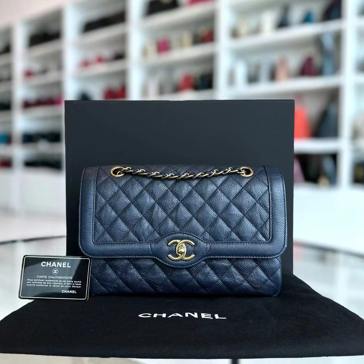 Chanel Caviar Single Flap Quilted Calfskin Navy Blue Golden Hardware Series 21 - Luxury Evermore
