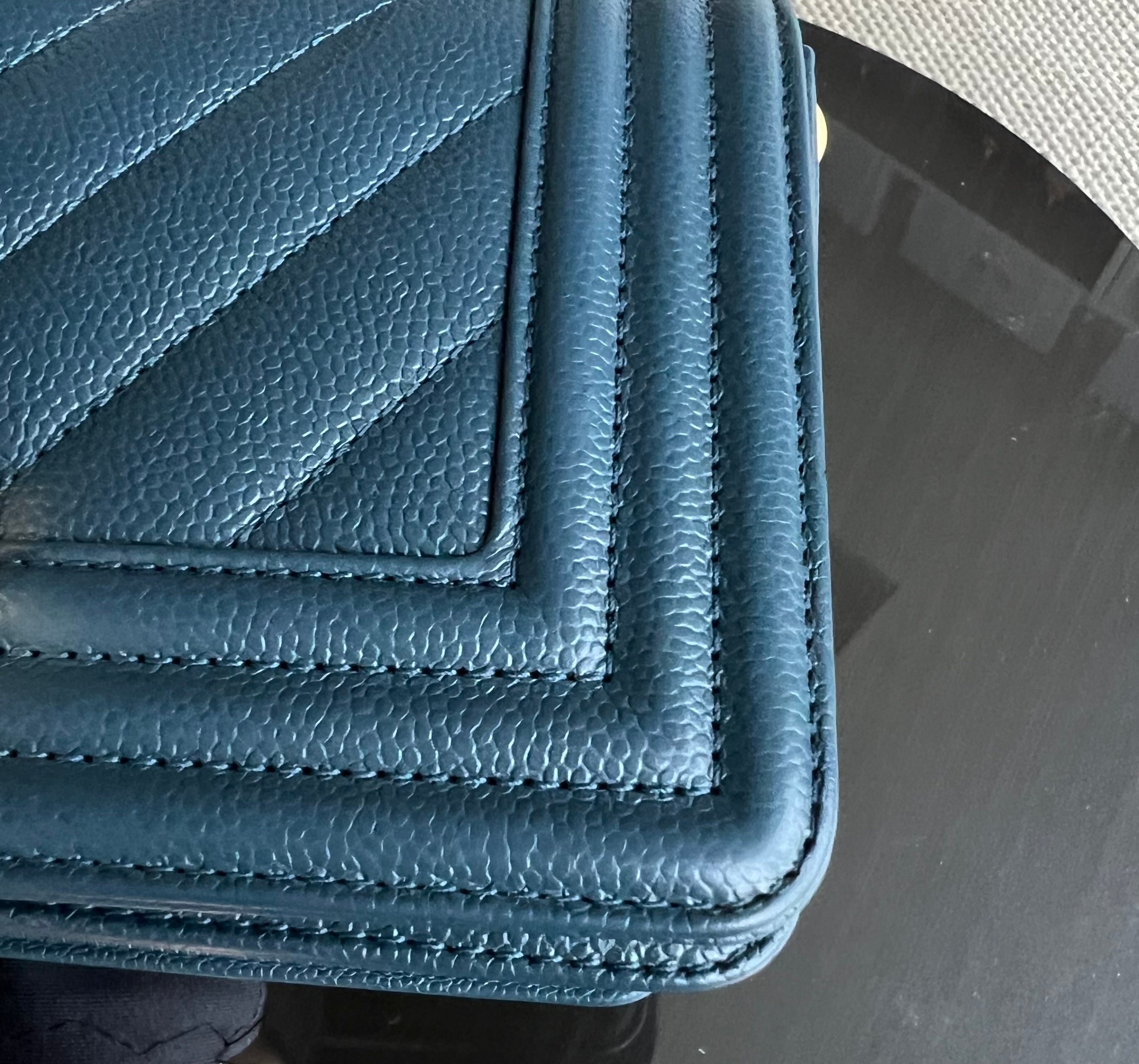 Chanel Caviar Small 20CM Chevron Grained Calfskin Dark Blue Leboy Golden Hardware Series 25 - Luxury Evermore