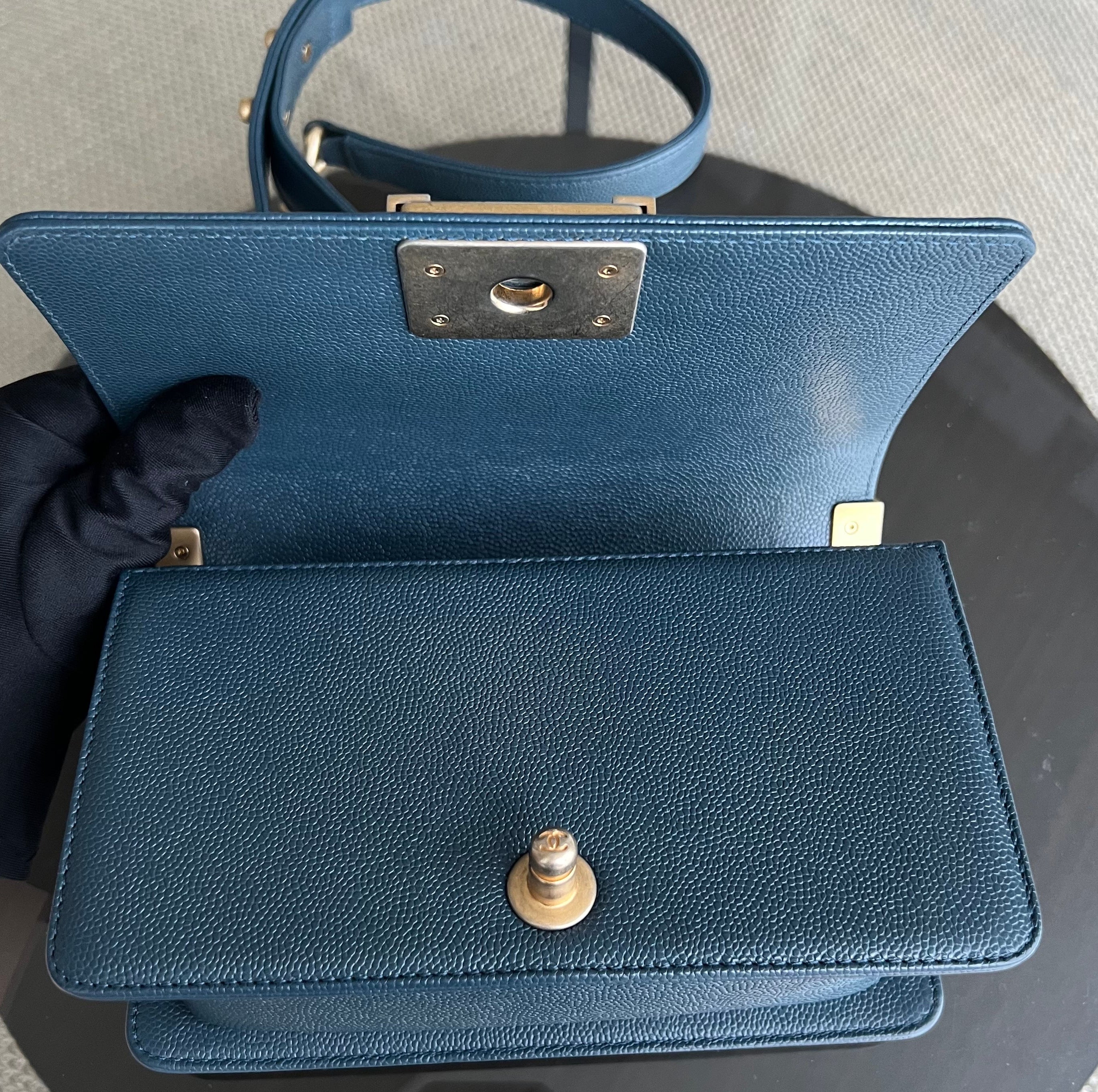 Chanel Caviar Small 20CM Chevron Grained Calfskin Dark Blue Leboy Golden Hardware Series 25 - Luxury Evermore