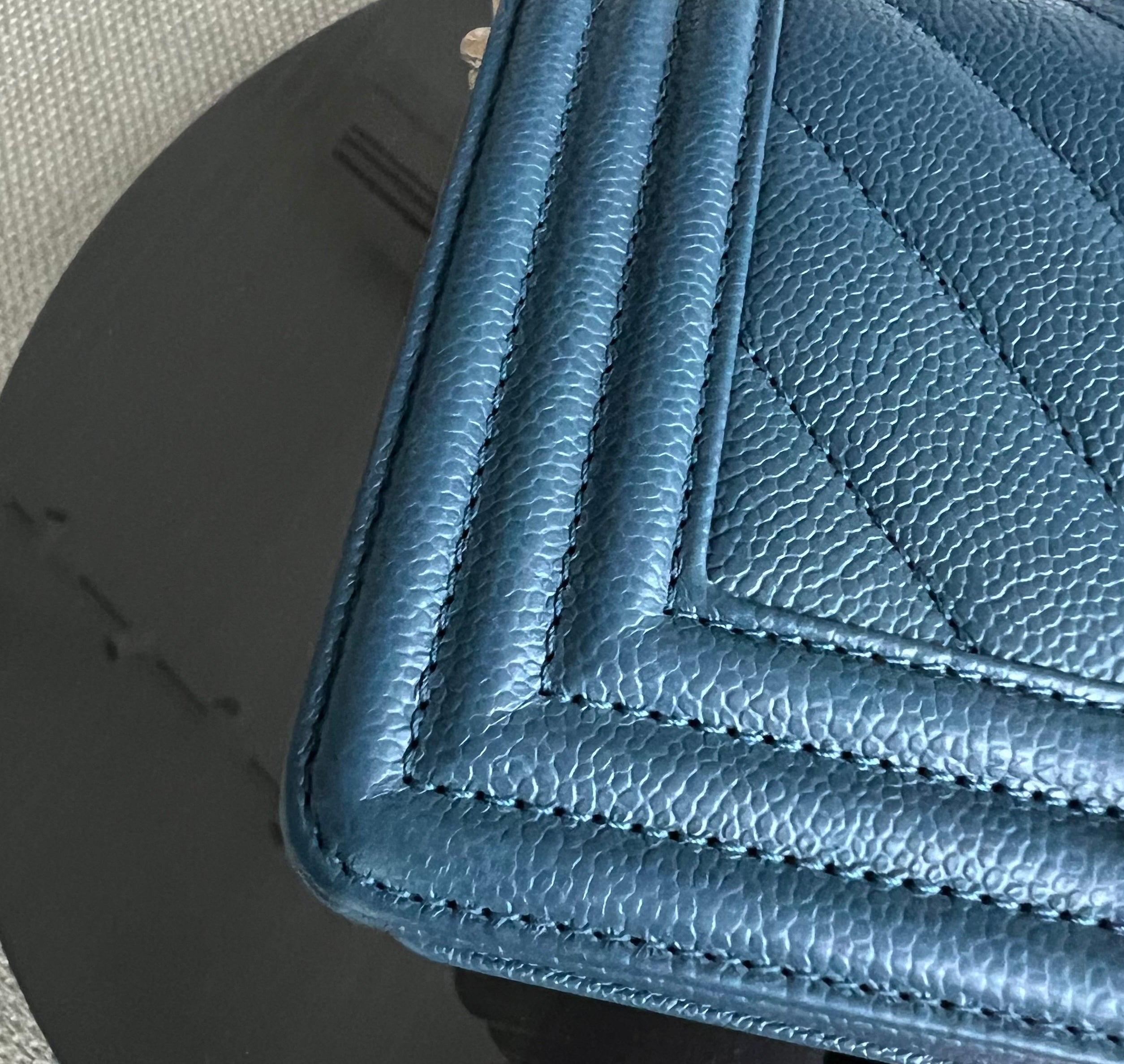 Chanel Caviar Small 20CM Chevron Grained Calfskin Dark Blue Leboy Golden Hardware Series 25 - Luxury Evermore