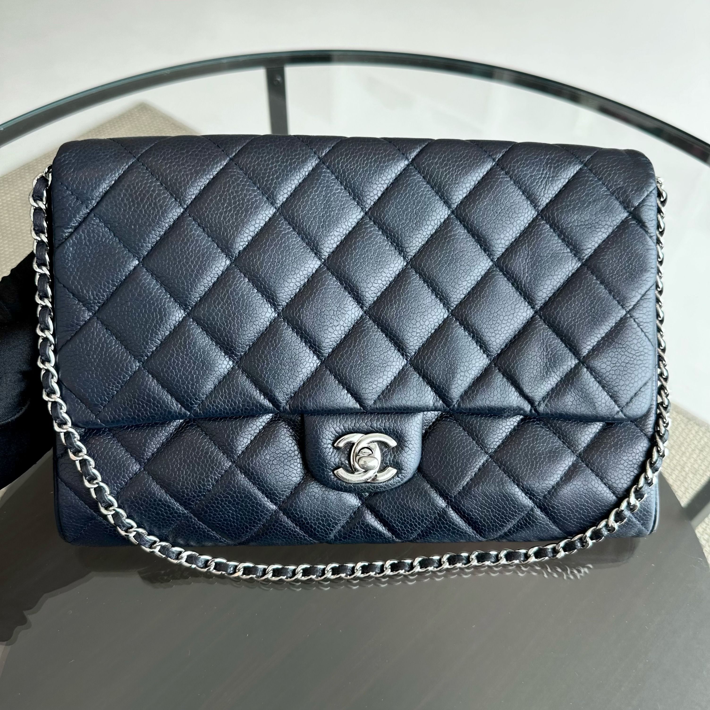 Chanel Caviar Timeless Classic Flap Clutch Calfskin Leather Dark Blue SHW No 18 - Luxury Evermore