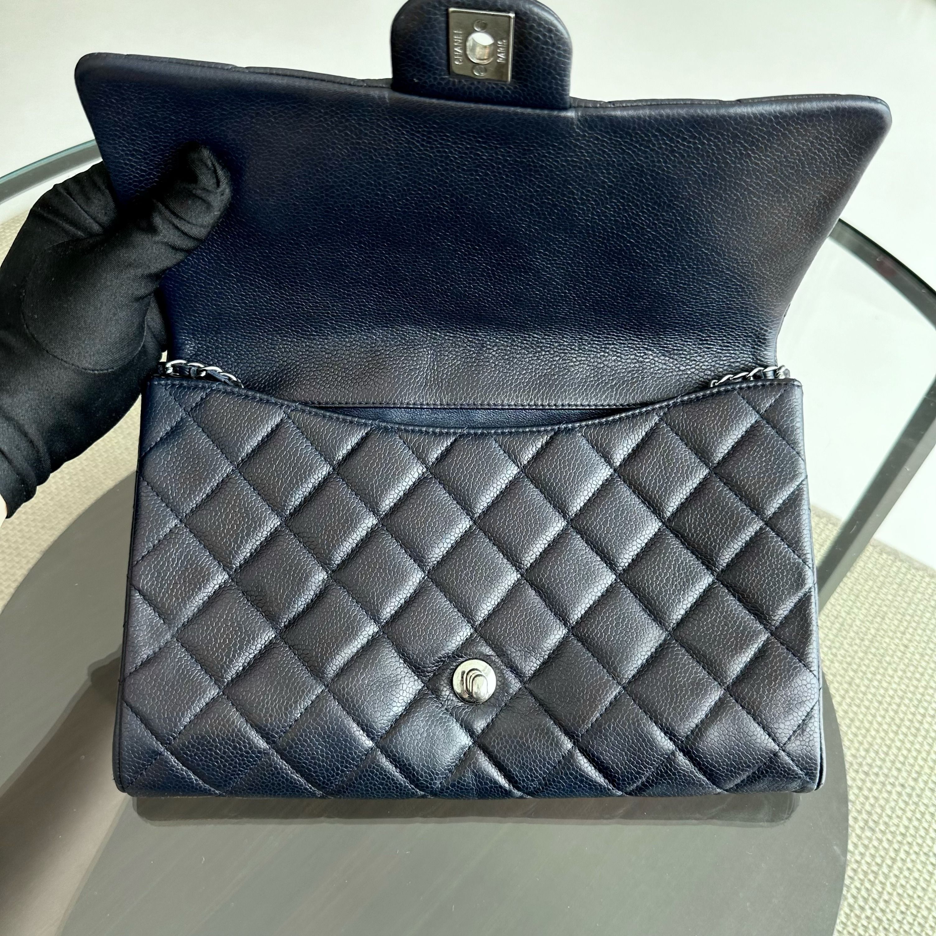 Chanel Caviar Timeless Classic Flap Clutch Calfskin Leather Dark Blue SHW No 18 - Luxury Evermore