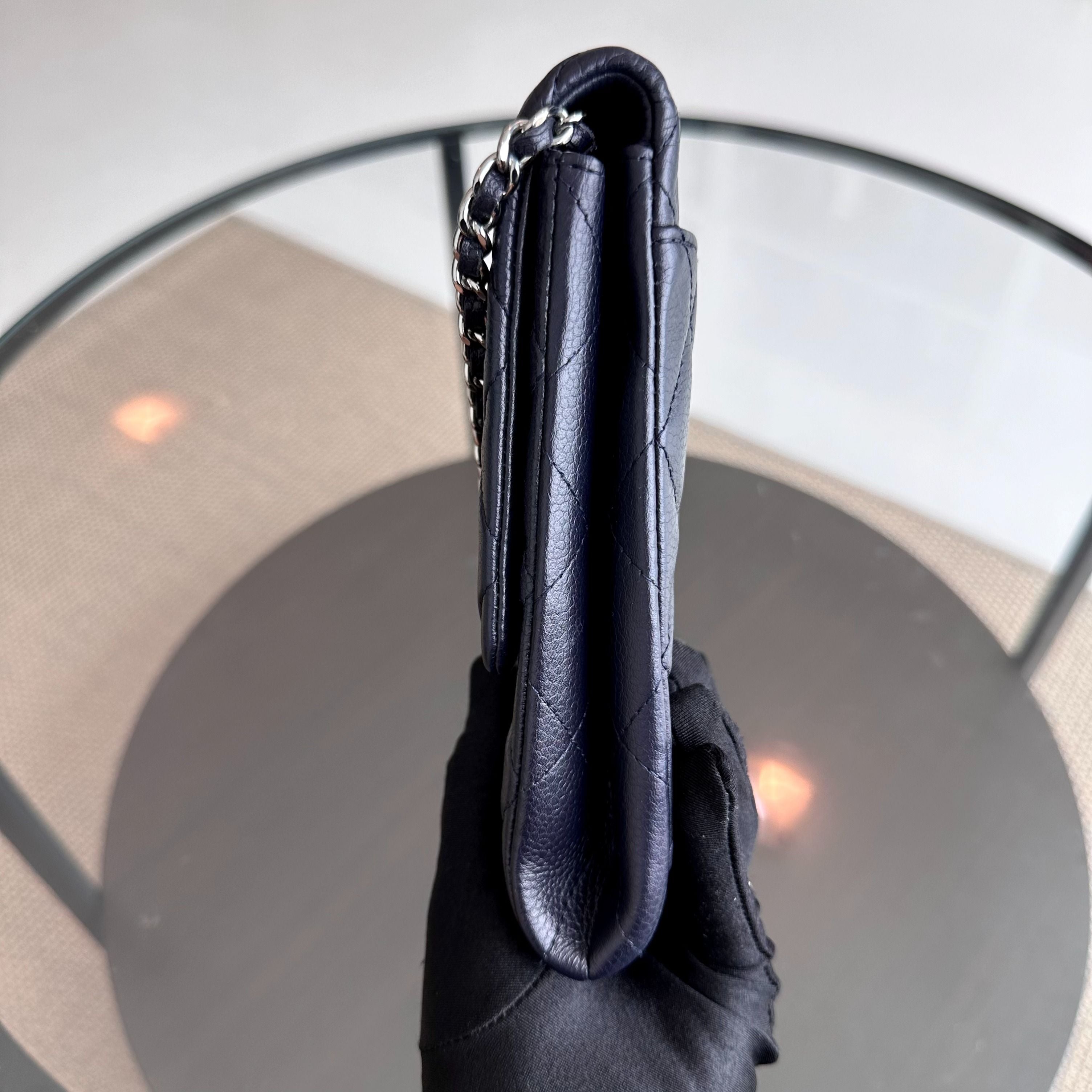 Chanel Caviar Timeless Classic Flap Clutch Calfskin Leather Dark Blue SHW No 18 - Luxury Evermore