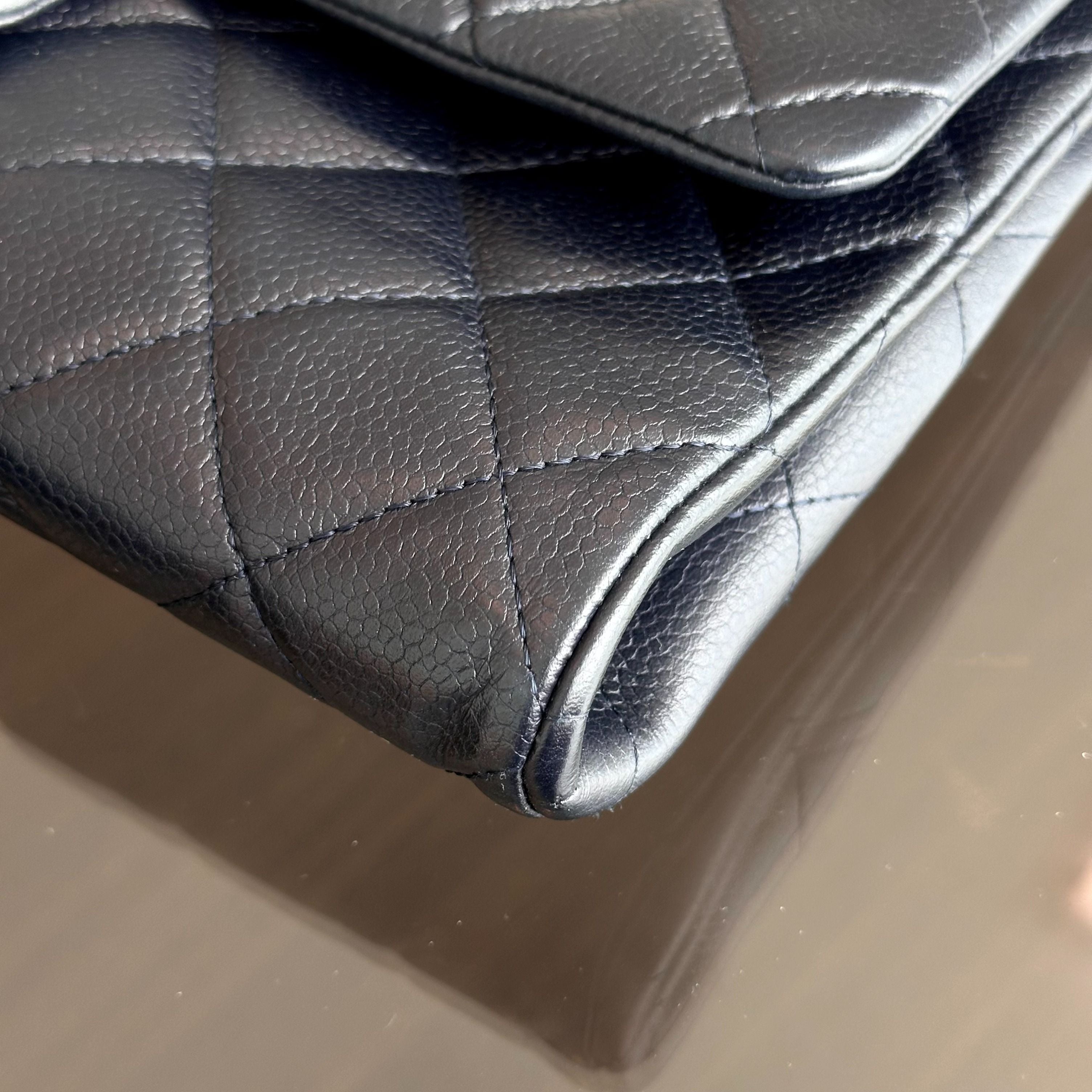 Chanel Caviar Timeless Classic Flap Clutch Calfskin Leather Dark Blue SHW No 18 - Luxury Evermore