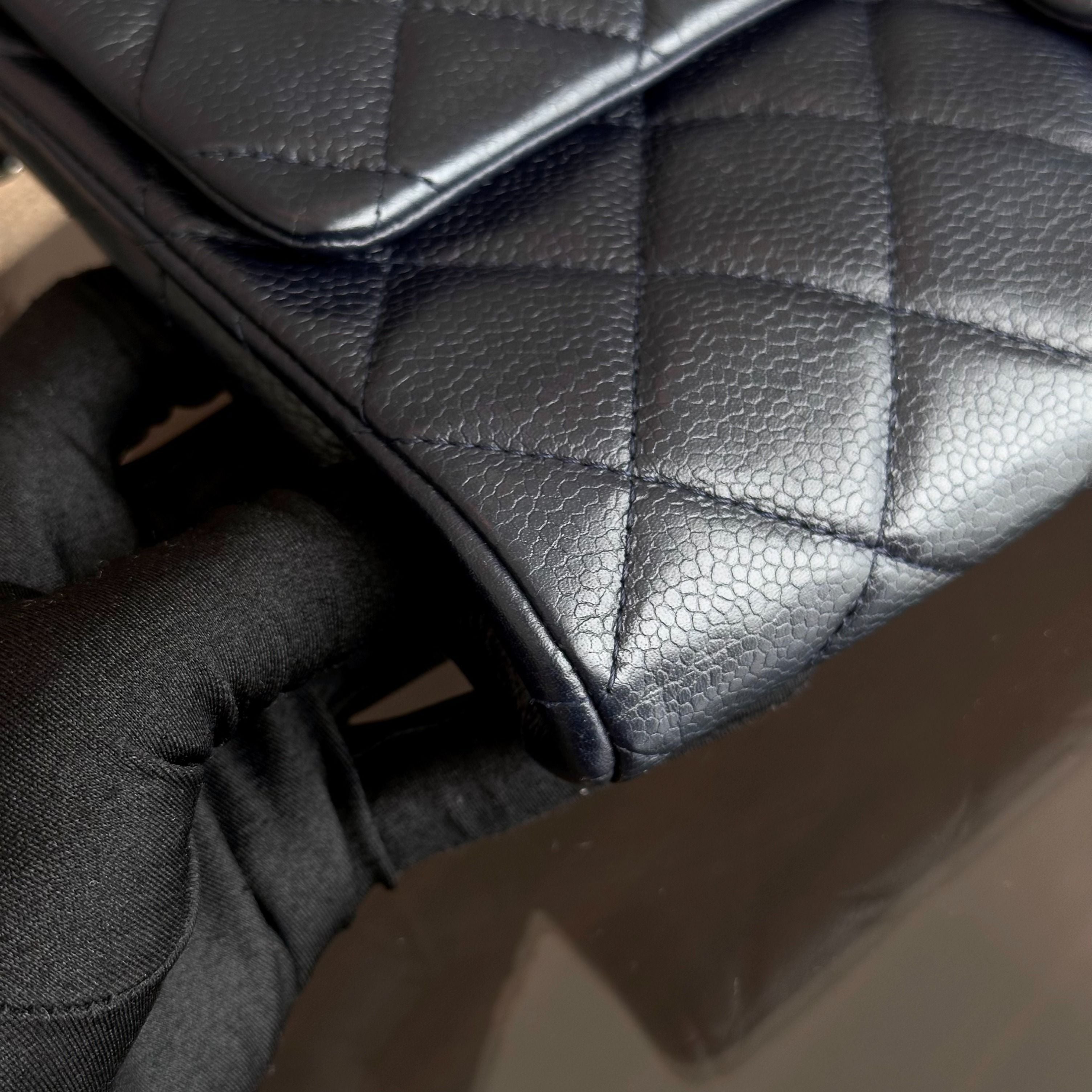 Chanel Caviar Timeless Classic Flap Clutch Calfskin Leather Dark Blue SHW No 18 - Luxury Evermore