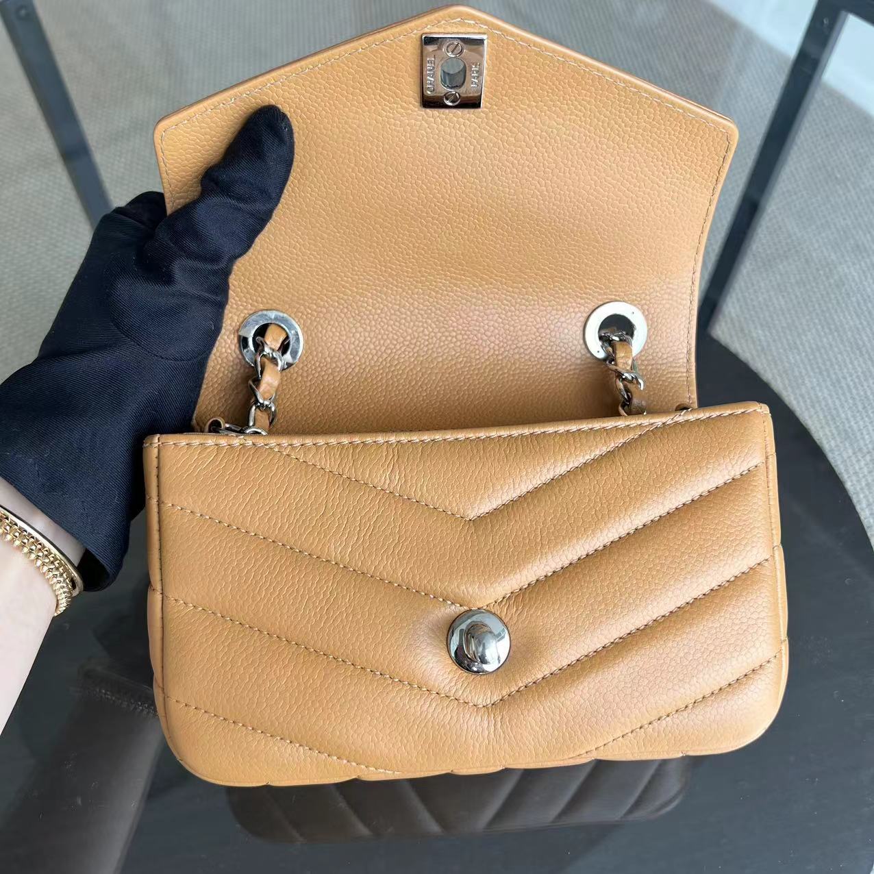 Chanel Caviar V Stitch Chevron Mini Square Seasonal Flap Calfskin Light Brown SHW No 24 - Luxury Evermore
