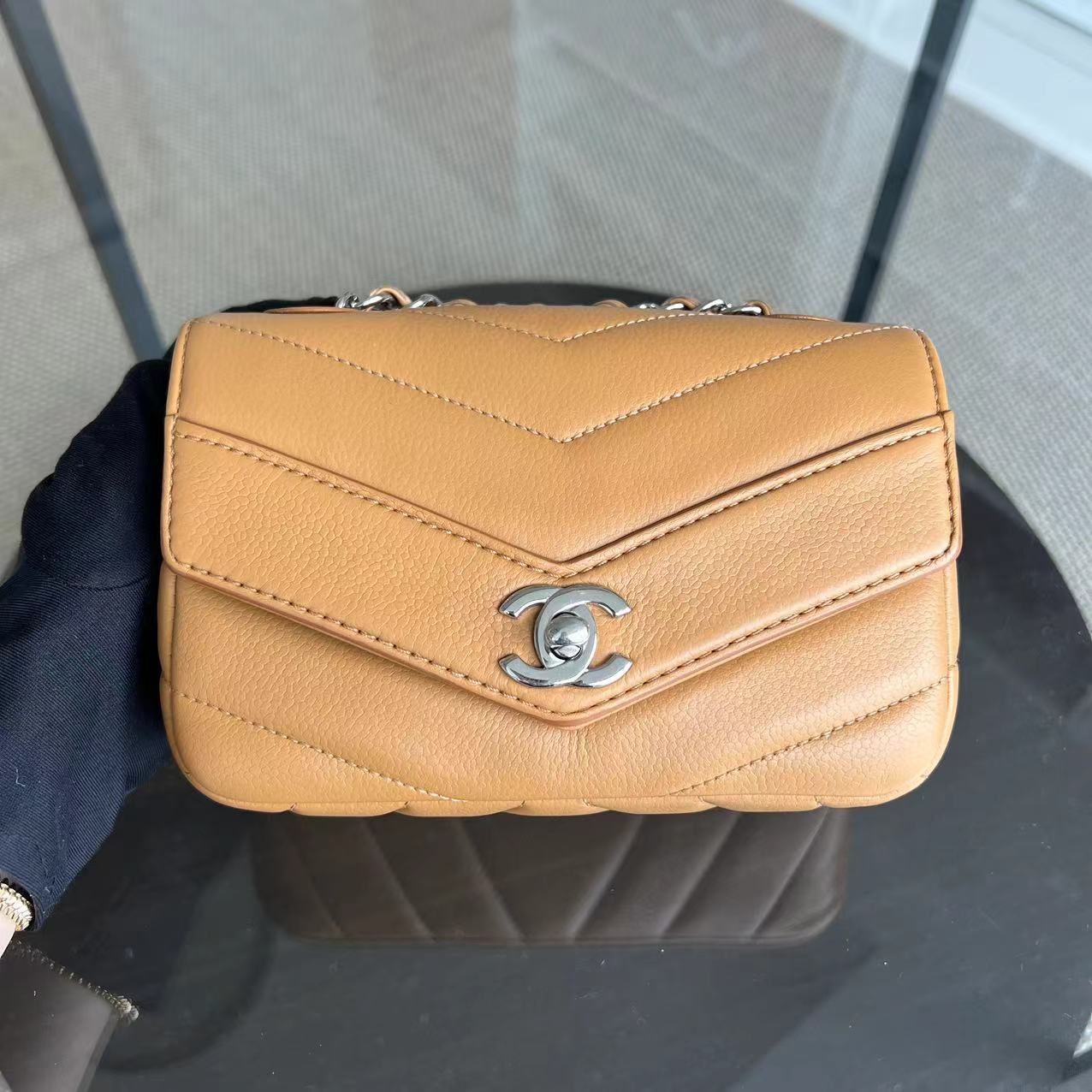 Chanel Caviar V Stitch Chevron Mini Square Seasonal Flap Calfskin Light Brown SHW No 24 - Luxury Evermore