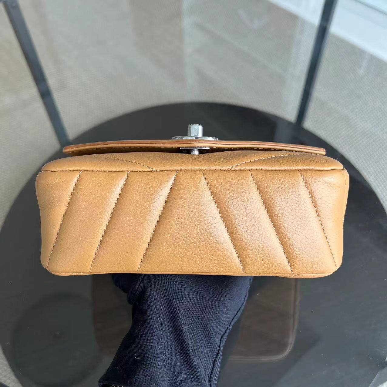 Chanel Caviar V Stitch Chevron Mini Square Seasonal Flap Calfskin Light Brown SHW No 24 - Luxury Evermore