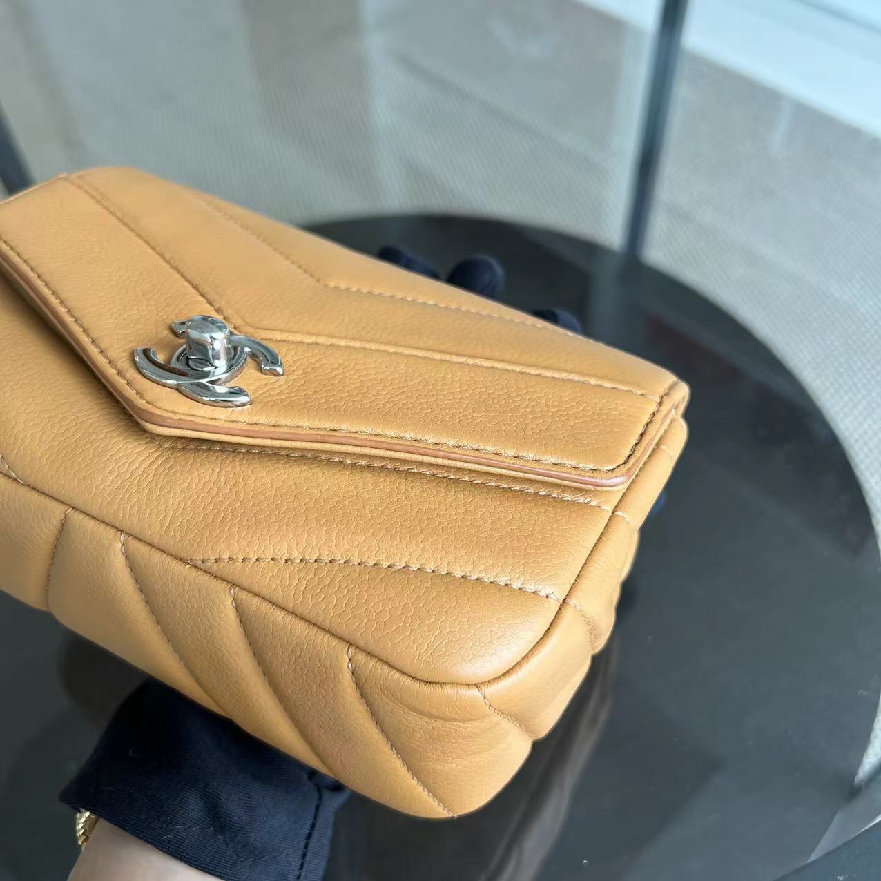 Chanel Caviar V Stitch Chevron Mini Square Seasonal Flap Calfskin Light Brown SHW No 24 - Luxury Evermore