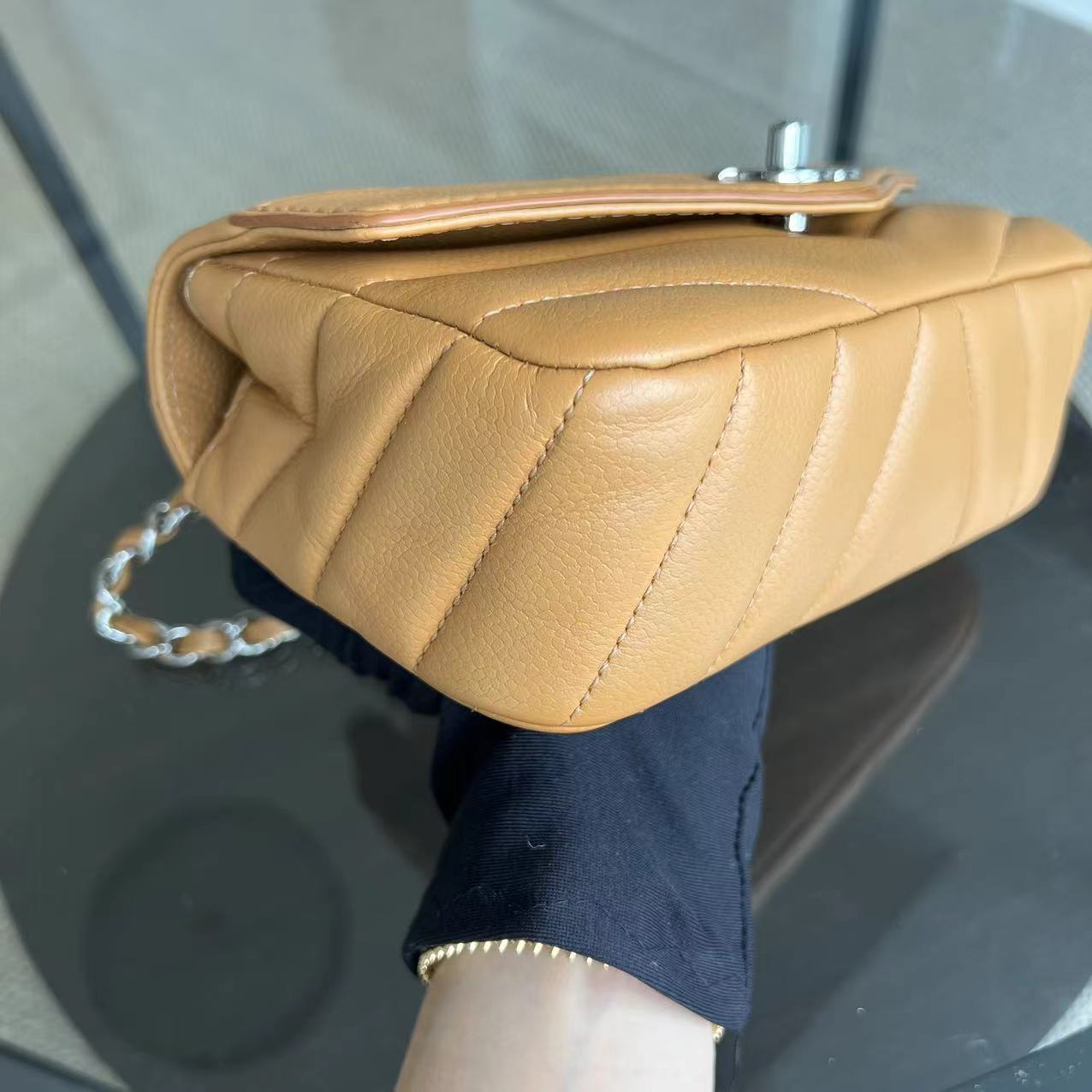 Chanel Caviar V Stitch Chevron Mini Square Seasonal Flap Calfskin Light Brown SHW No 24 - Luxury Evermore