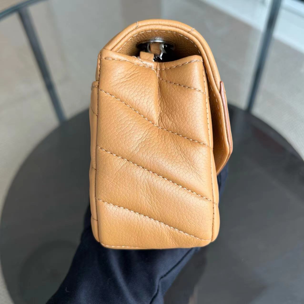 Chanel Caviar V Stitch Chevron Mini Square Seasonal Flap Calfskin Light Brown SHW No 24 - Luxury Evermore