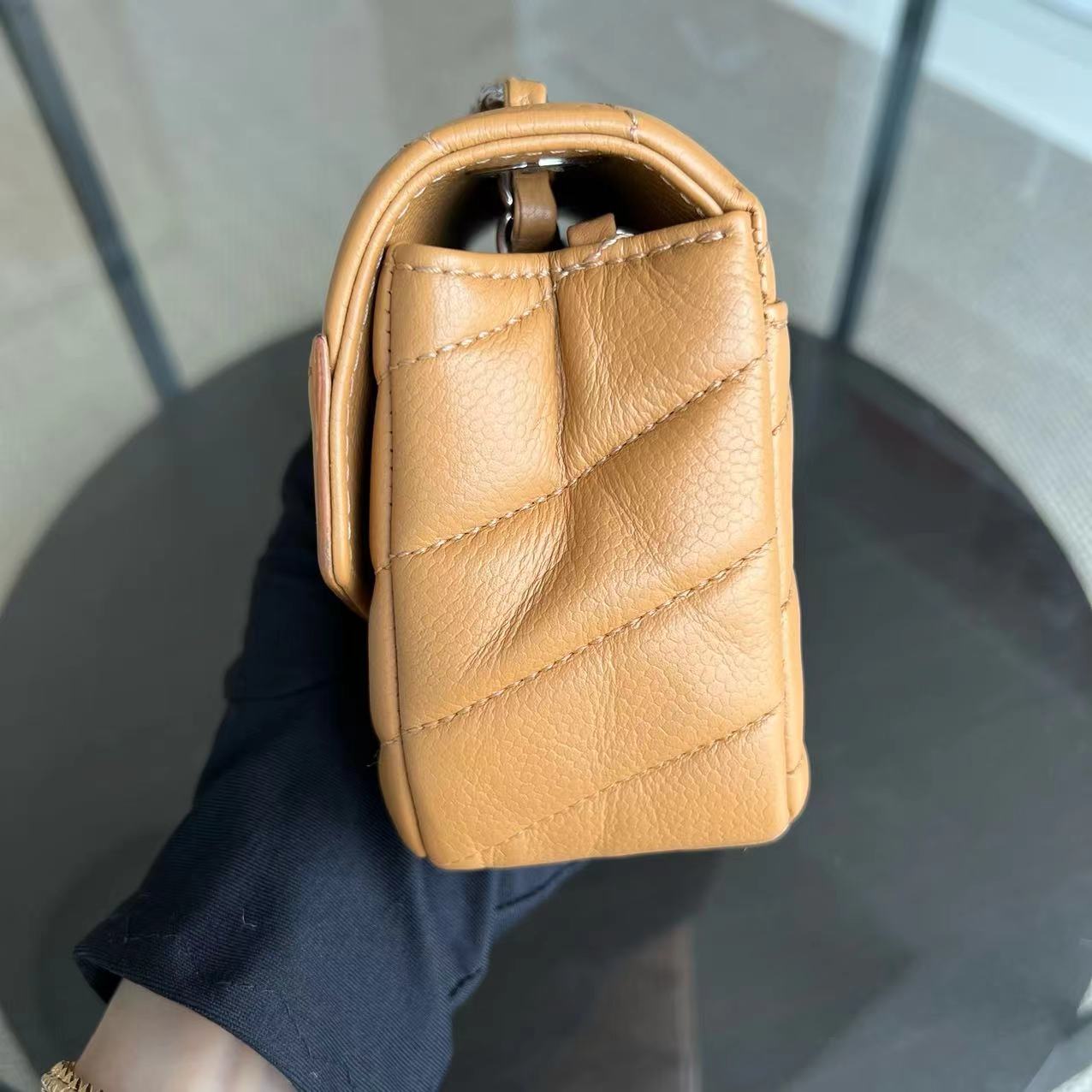 Chanel Caviar V Stitch Chevron Mini Square Seasonal Flap Calfskin Light Brown SHW No 24 - Luxury Evermore