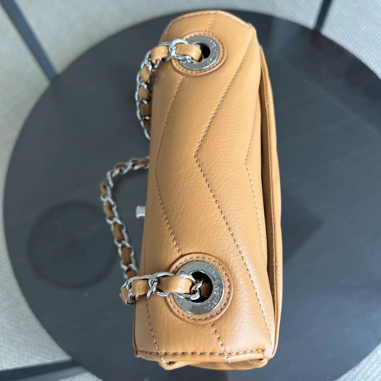 Chanel Caviar V Stitch Chevron Mini Square Seasonal Flap Calfskin Light Brown SHW No 24 - Luxury Evermore