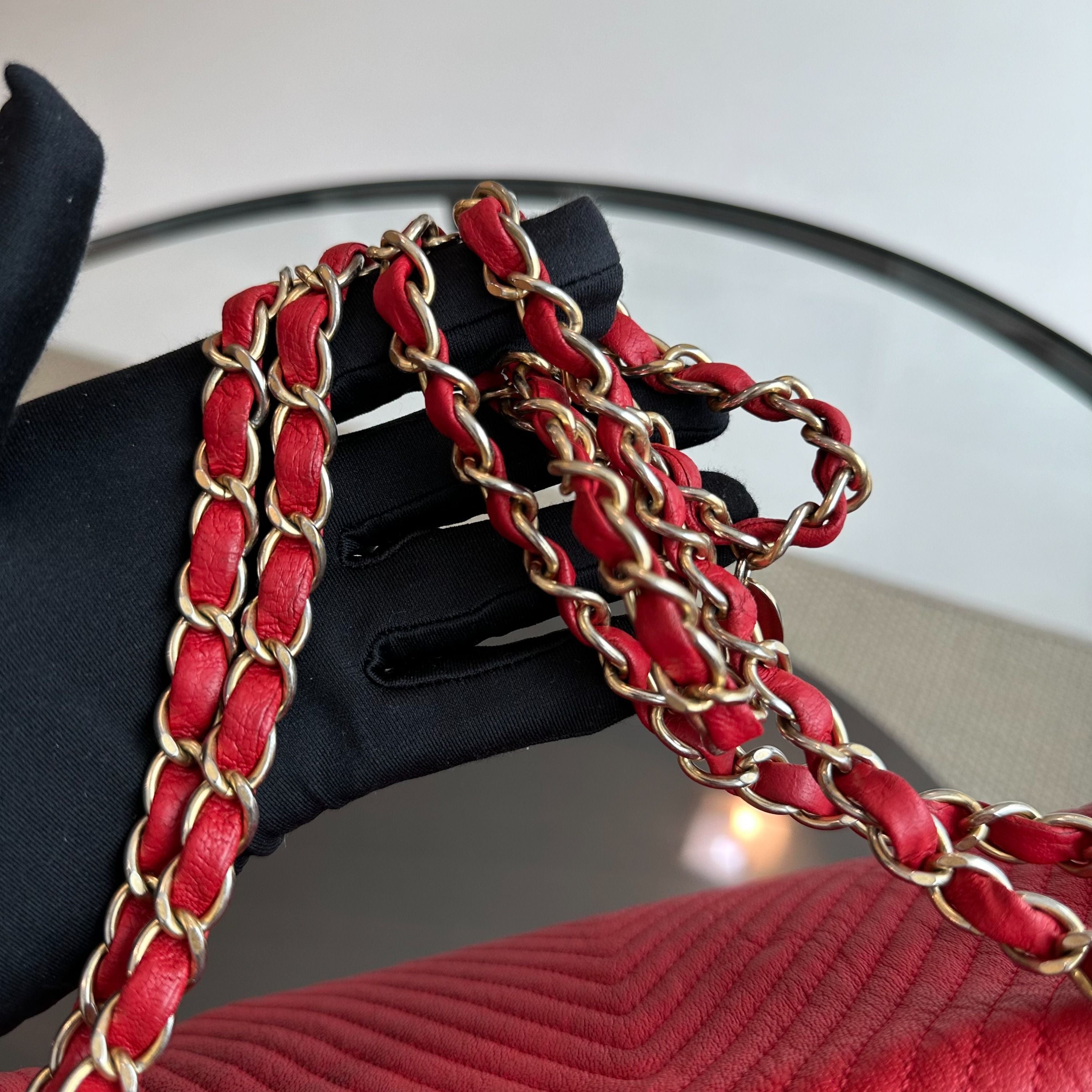 Chanel Chevron Herringbone Medallion Seasonal Flap Red Calfskin AGHW No 21 - Luxury Evermore