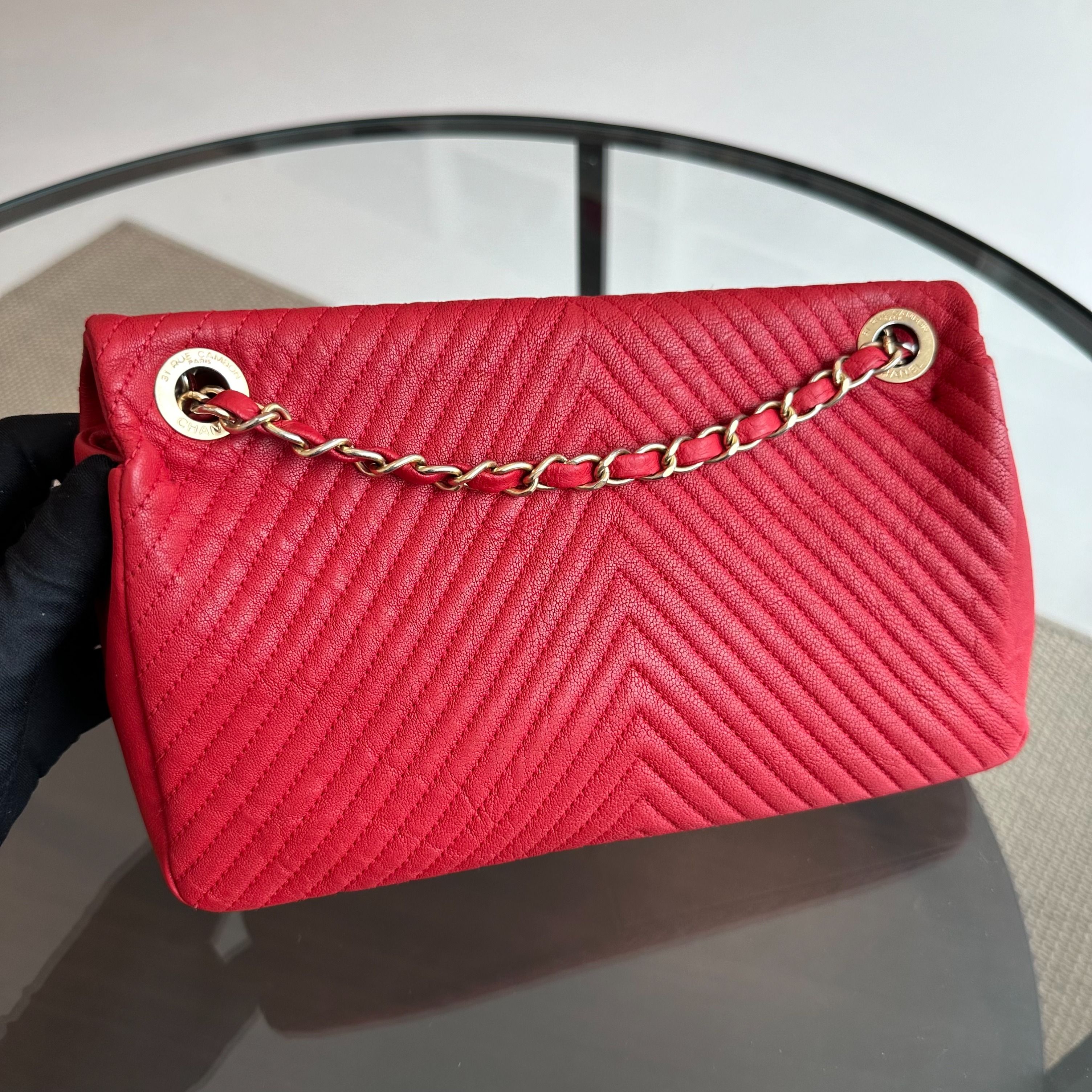 Chanel Chevron Herringbone Medallion Seasonal Flap Red Calfskin AGHW No 21 - Luxury Evermore