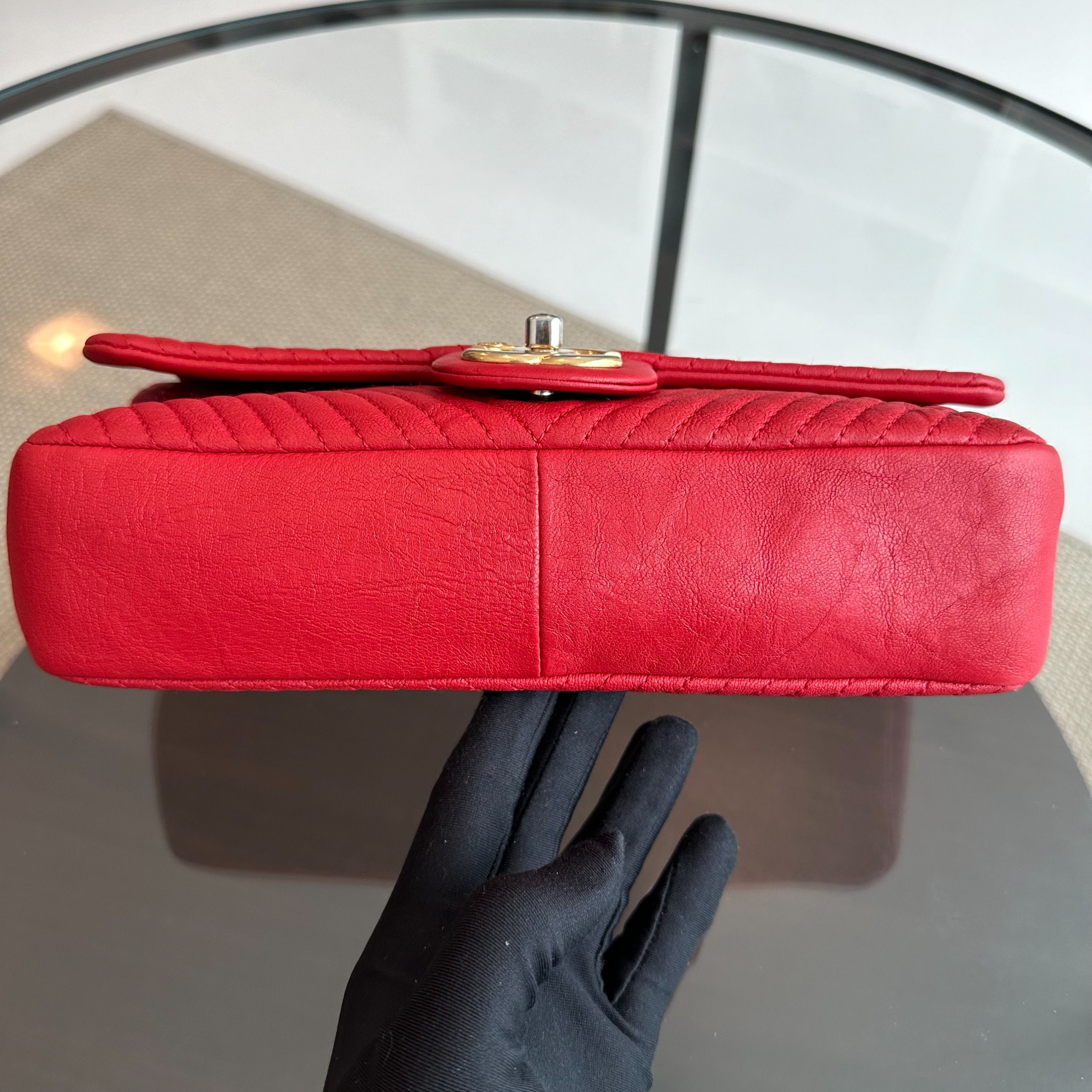 Chanel Chevron Herringbone Medallion Seasonal Flap Red Calfskin AGHW No 21 - Luxury Evermore