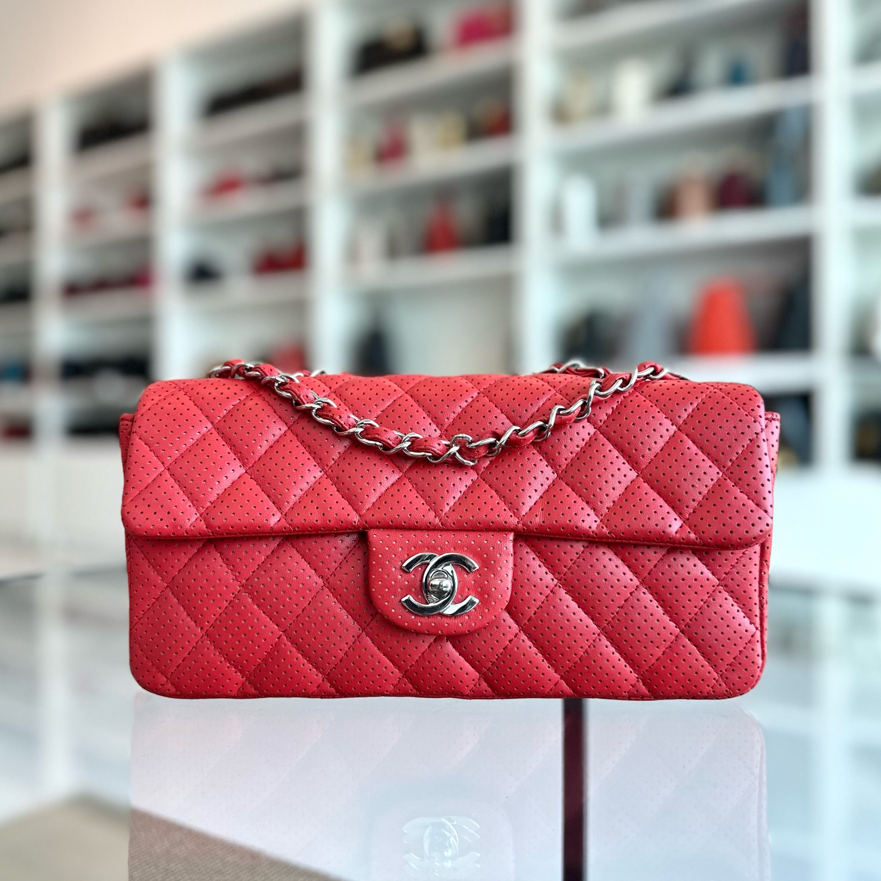 Chanel Classic Flap East West Lambskin Perforated Red SHW No 11 - Luxury Evermore