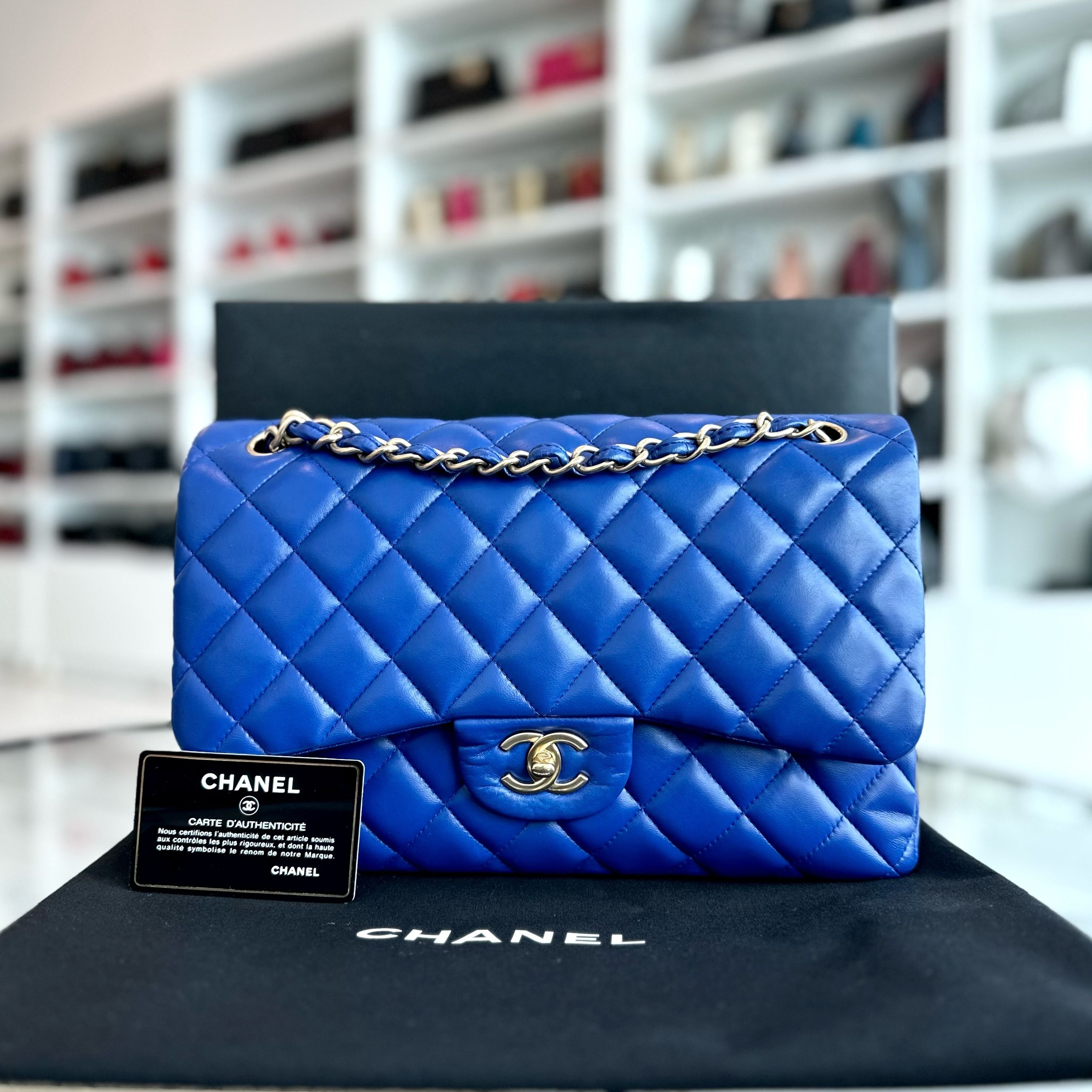 Chanel Classic Flap Jumbo Double Flap Lambskin Blue GHW No 18 - Luxury Evermore