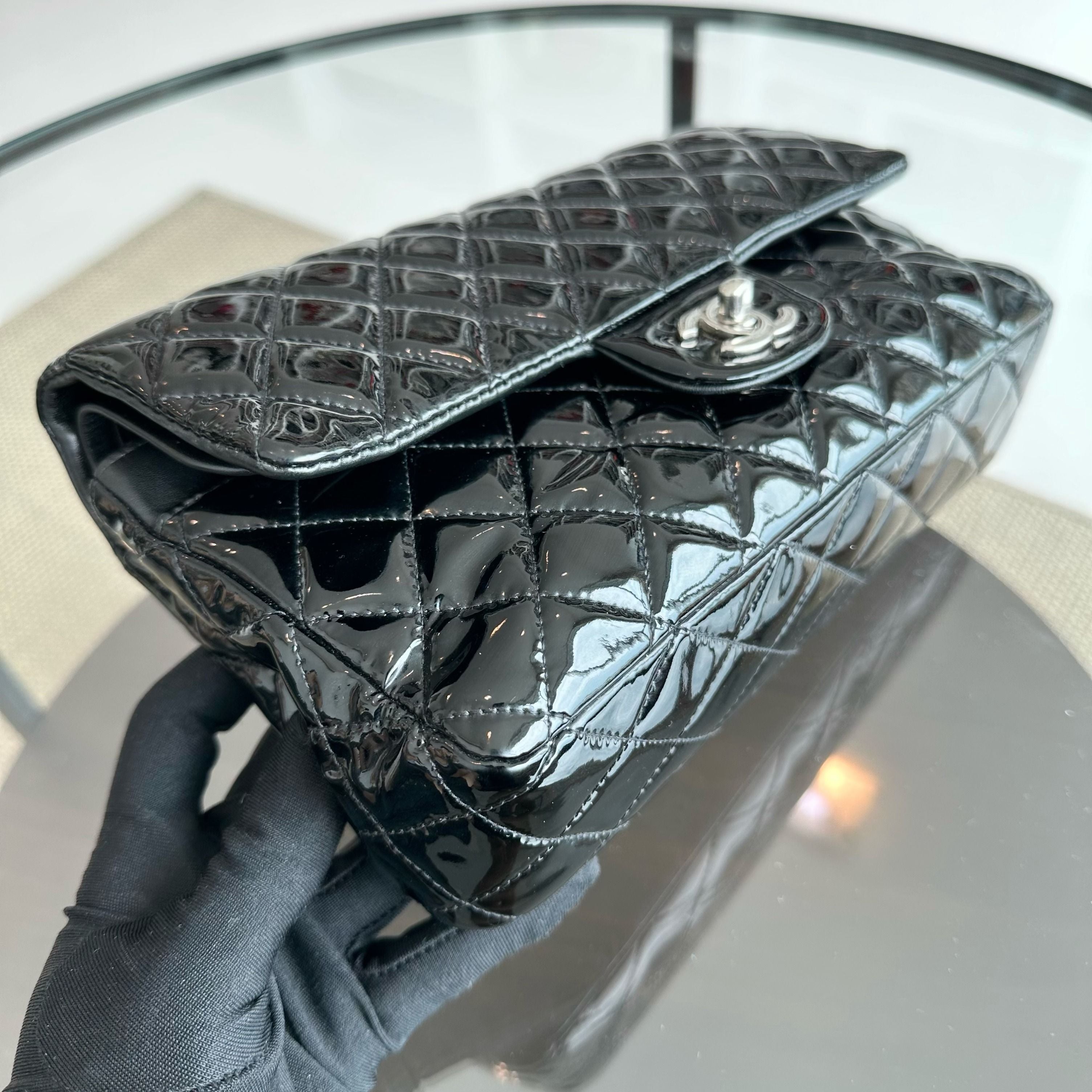 Chanel Classic Flap Medium Double Flap Patent Leather Quilted Black SHW - Luxury Evermore